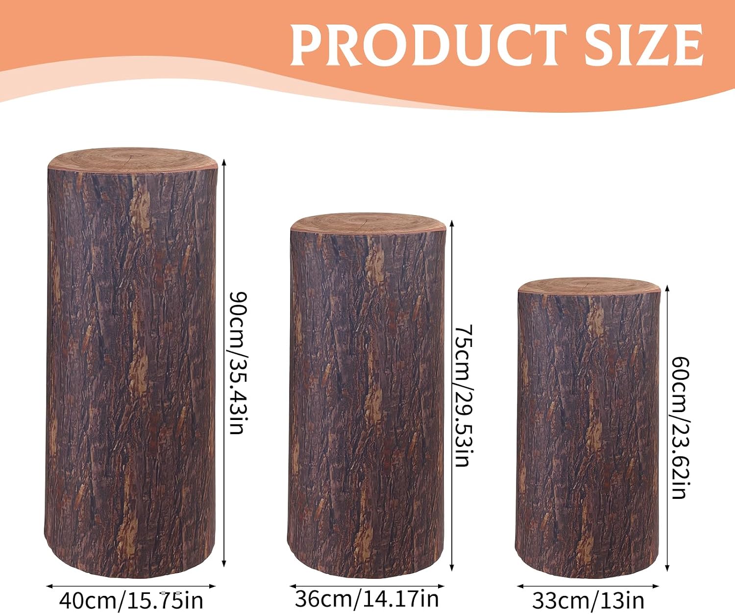 3-Pack Spandex Cylinder Pedestal Stand Covers, Wood Grain Texture Elastic Plinth Covers with Assorted Sizes for Wedding, Party & Baby Shower Decor (Covers Only)