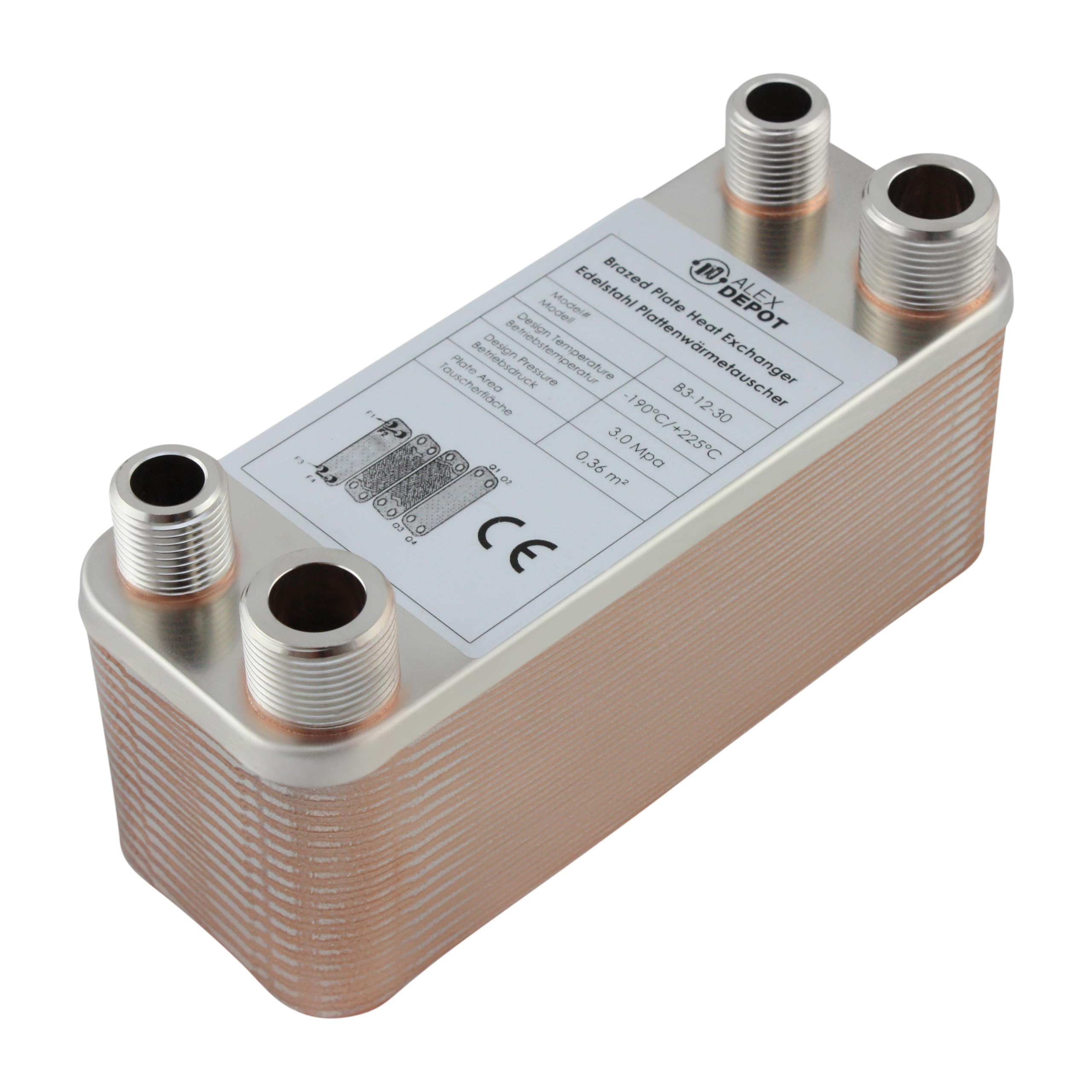 Scambiatore di calore a piastre in acciaio inox B3-12-30 con attacco da 2 x 1/2 e 2 x 3/4 pollici, 65 kW, riscaldamento solare (PWT)