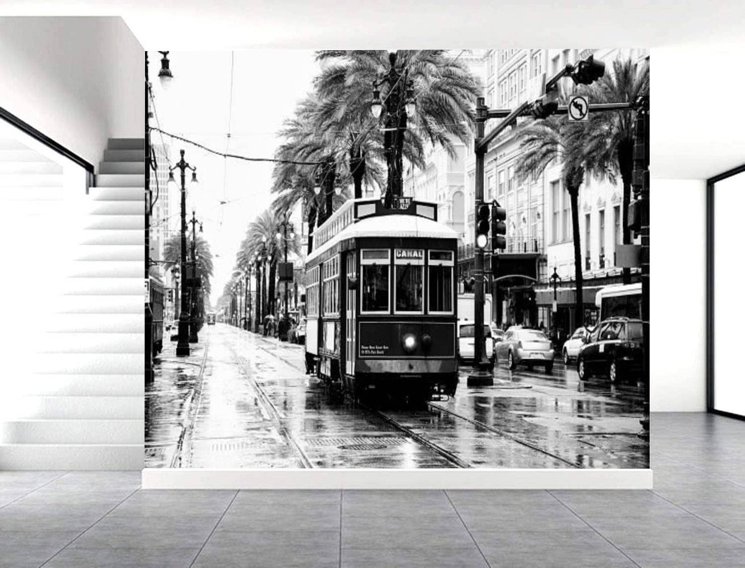 AUHOVIMGZ Modern Cable Car New Orleans Black and White Wallpaper Canvas Wall Murals Peel and Stick Home Craft Decal Removable Wallpapers for TV Background Bedroom Decor