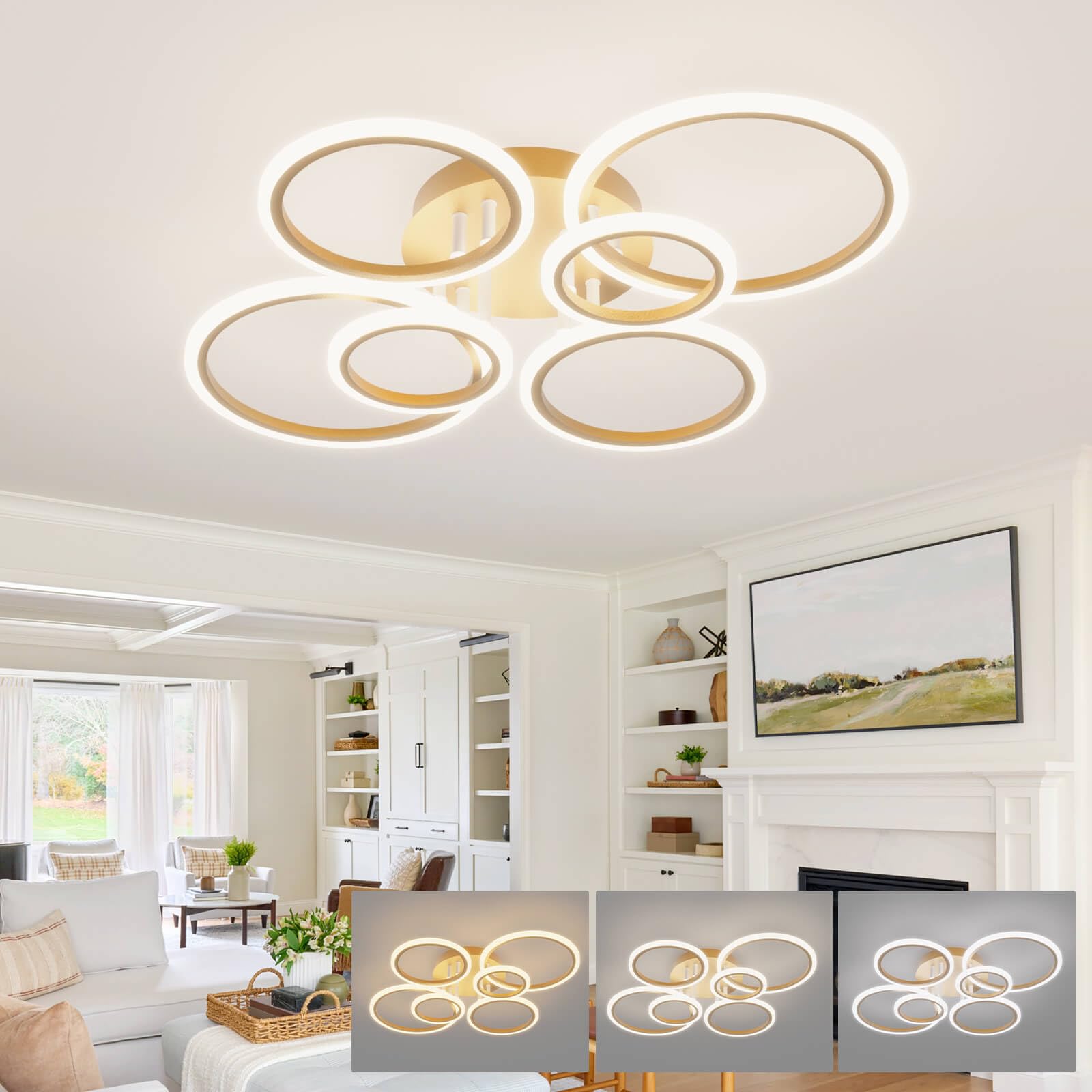 KeLuKes Gold LED Ceiling Lights, 80cm DimmableCeiling Light, 6-Ring Ceiling Lighting with Memory Function, 60W Smart Ceiling Lamp for Living Room Bedroom — image 1