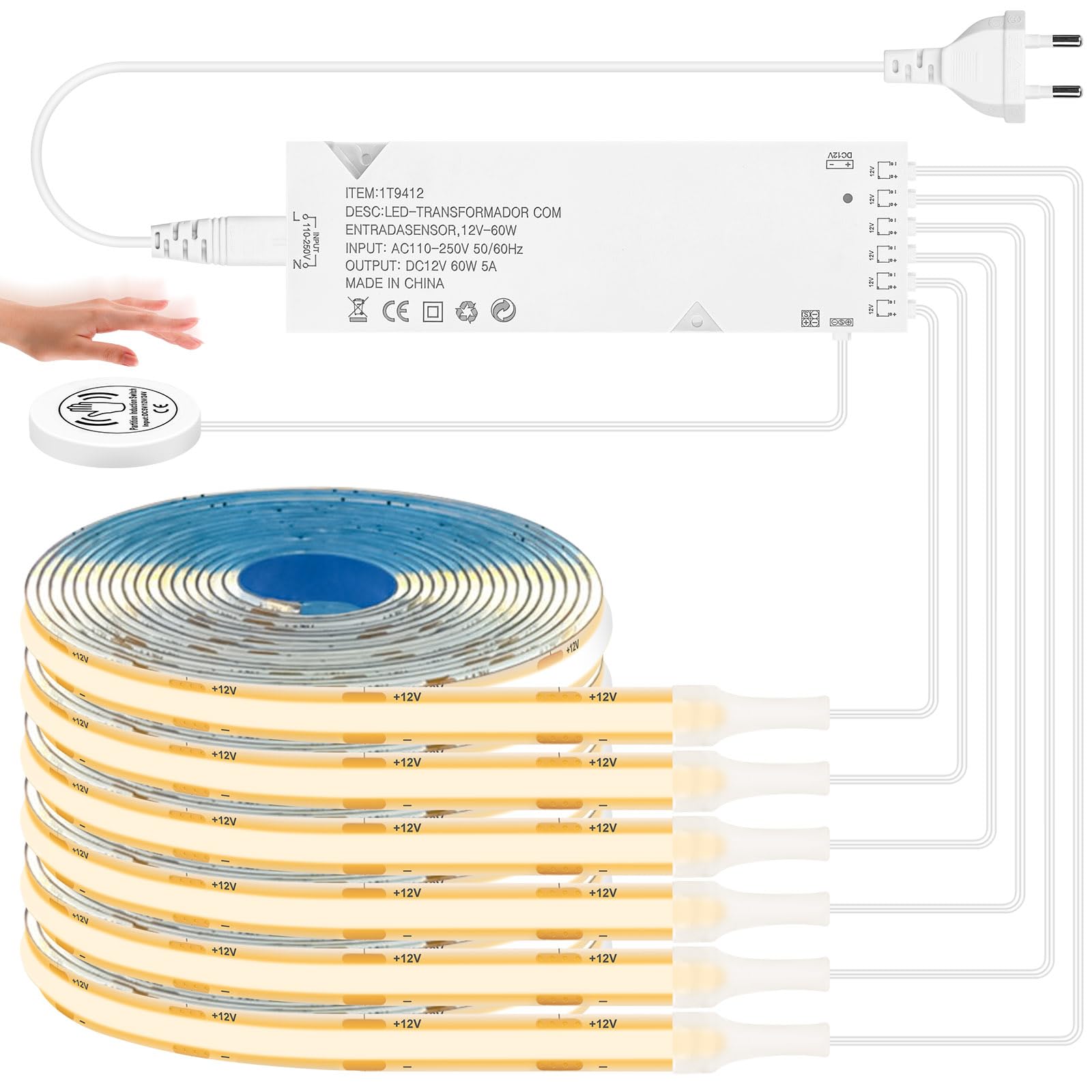 HOTUT Cabinet Lights COB LED Strip 6 in 1 Dimmbar Penetrating Touch Controls, COB LED Streifen 12V Warmweiß, 6 Rollen 1M COB LED Strip Set für Akustikpaneele Beleuchtung, Schrank, Vitrine, Küchen