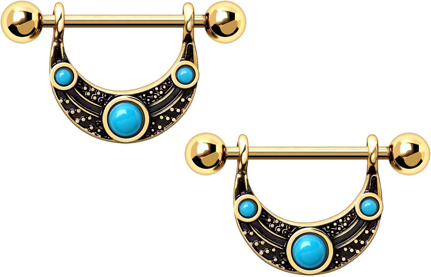 Pierced Owl ゴールドメッキ ターコイズビーズ トライバルニップルバーベル ペアで販売
