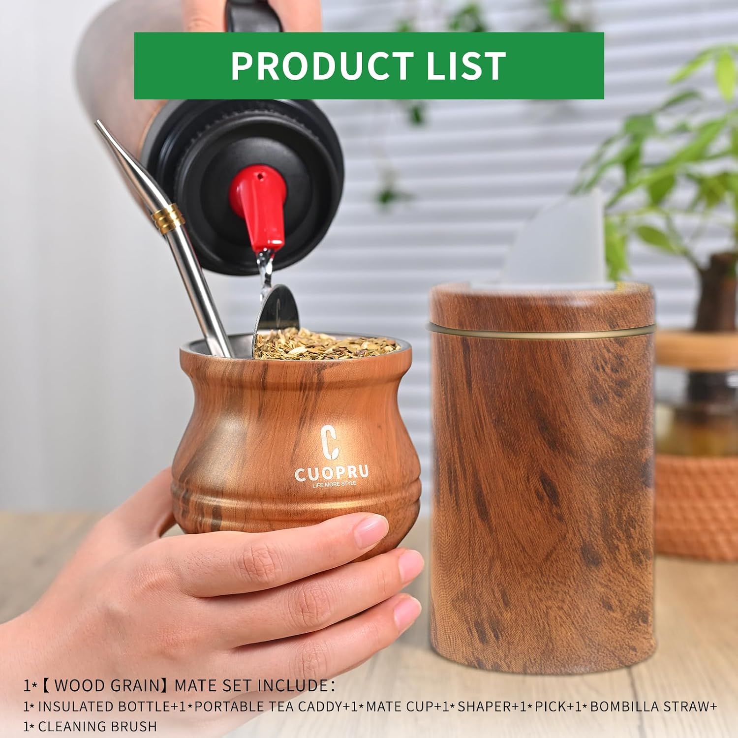 Cuopru Yerba Mate Kit, Wood Grain Stainless Steel, 33.8oz Insulated Bottle, Mate Gourd, Bombilla, Cleaning Brush, Tea Filter Set and Container Included
