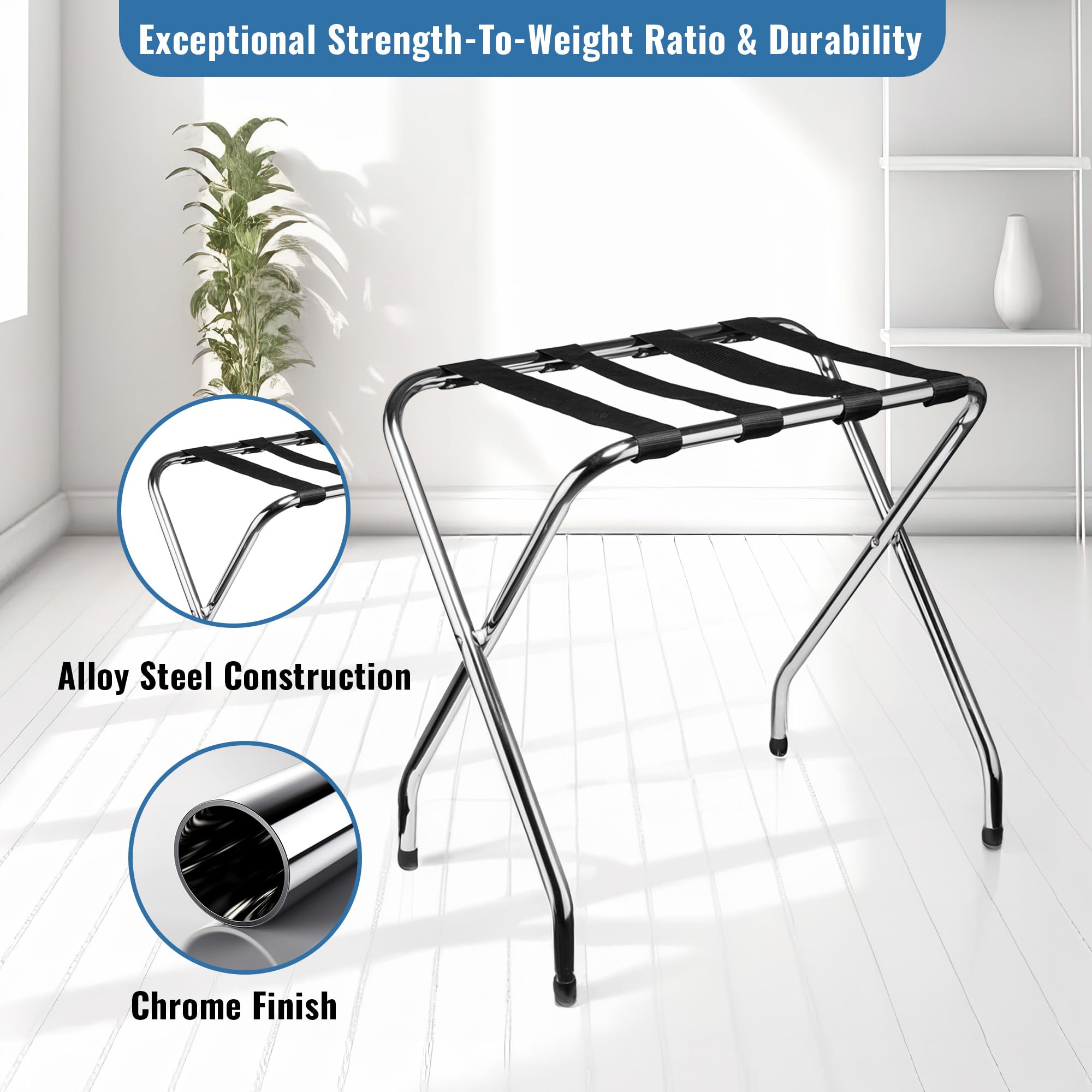 USTECH Luggage Rack Single Tier Foldable Sturdy with Nylon Straps & Rubber Feet for Added Stability | Metal Stand for Guest Room Storage | Perfect for Small Spaces