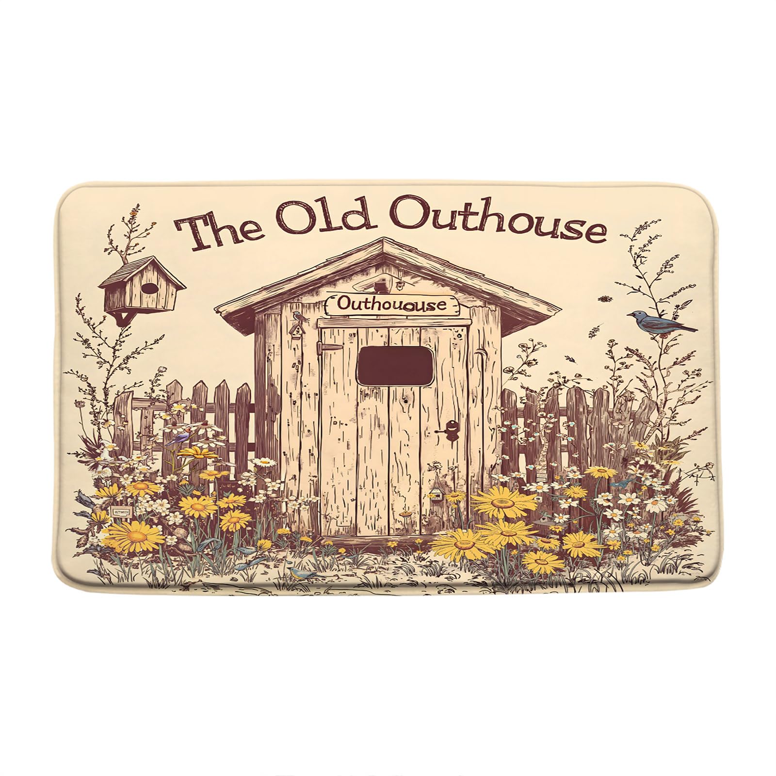 Outhouse Bath Mat Vintage Old House Spring Garden Floral Flower Bird Rustic Farmhouse Wooden Fence Backhouse Bathroom Floor Bathtub Bath Rug