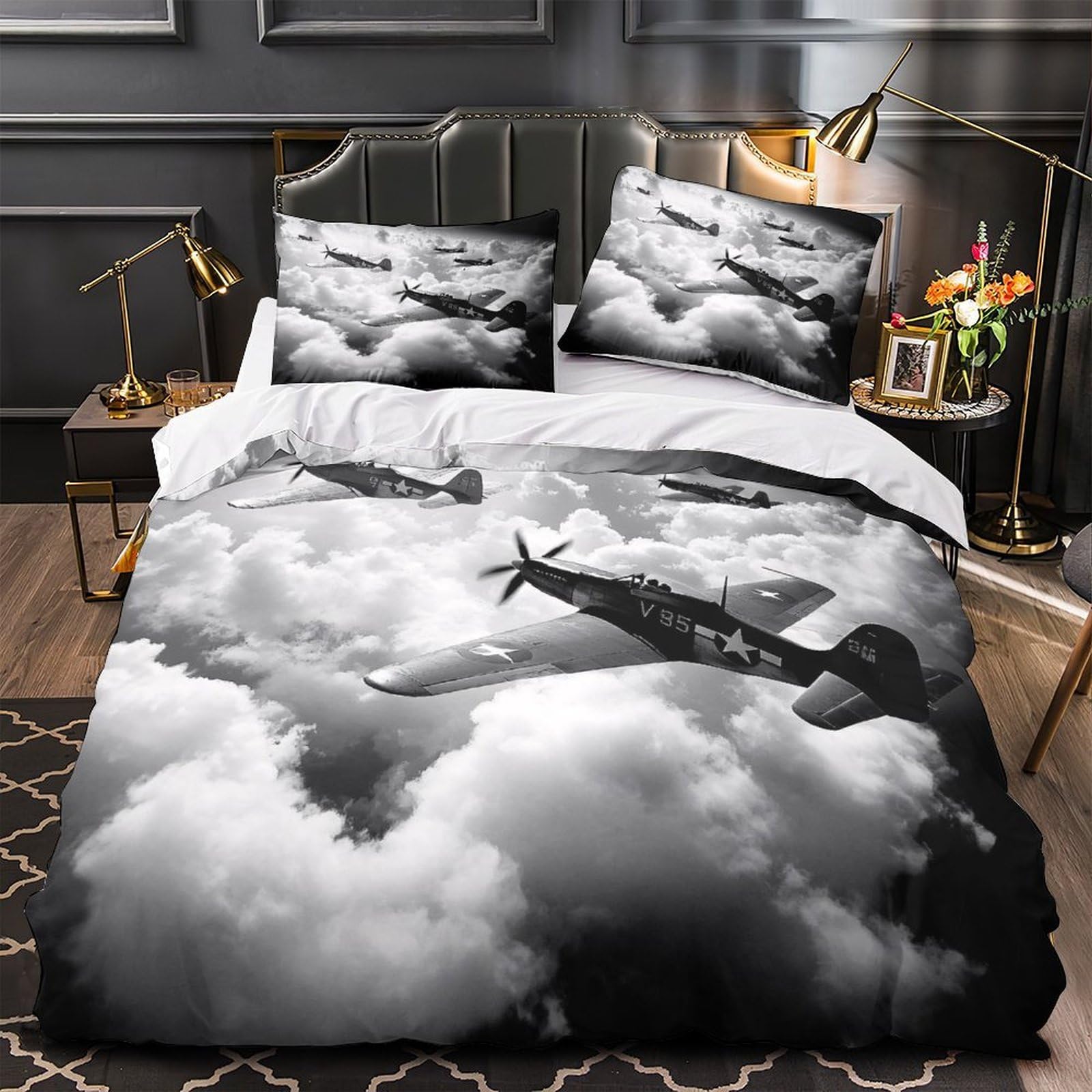 HQZNKXJPRL WWII Fighter Planes Duvet Cover 3D Print Durable 3 Pcs Bed Linen Hidden Zipper Quilt Cover Premium Washable for Kids Adults Women Teens Youth Girls Boys Double（200x200cm）