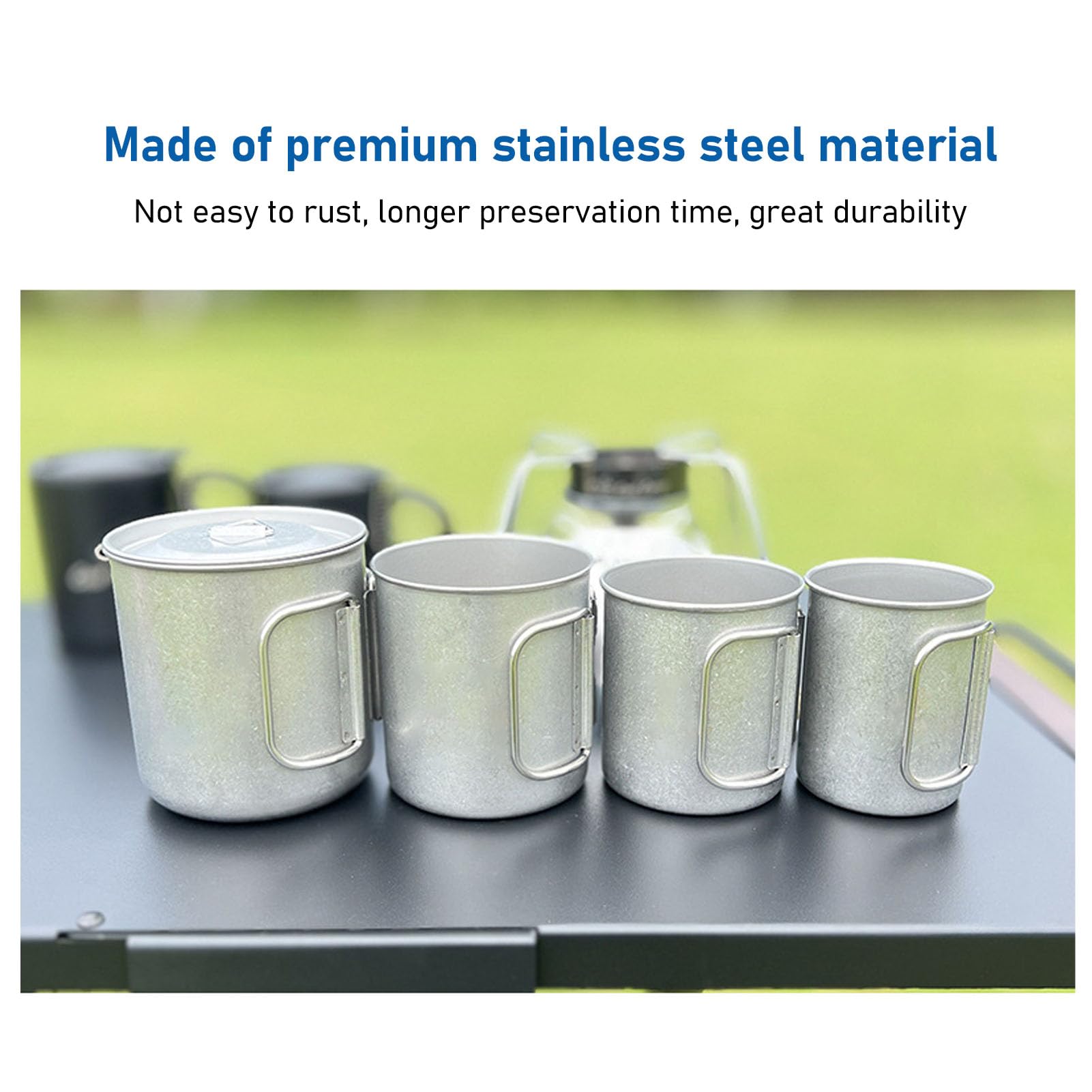 flexman Taza de Campamento 4Pcs, 200 ml, 300 ml, 400 ml, 500 ml de Mango Plegable Taza de Café de Acero Inoxidable Acero con Tapa con Tapa y Bolsita de Malla de Almacenamiento