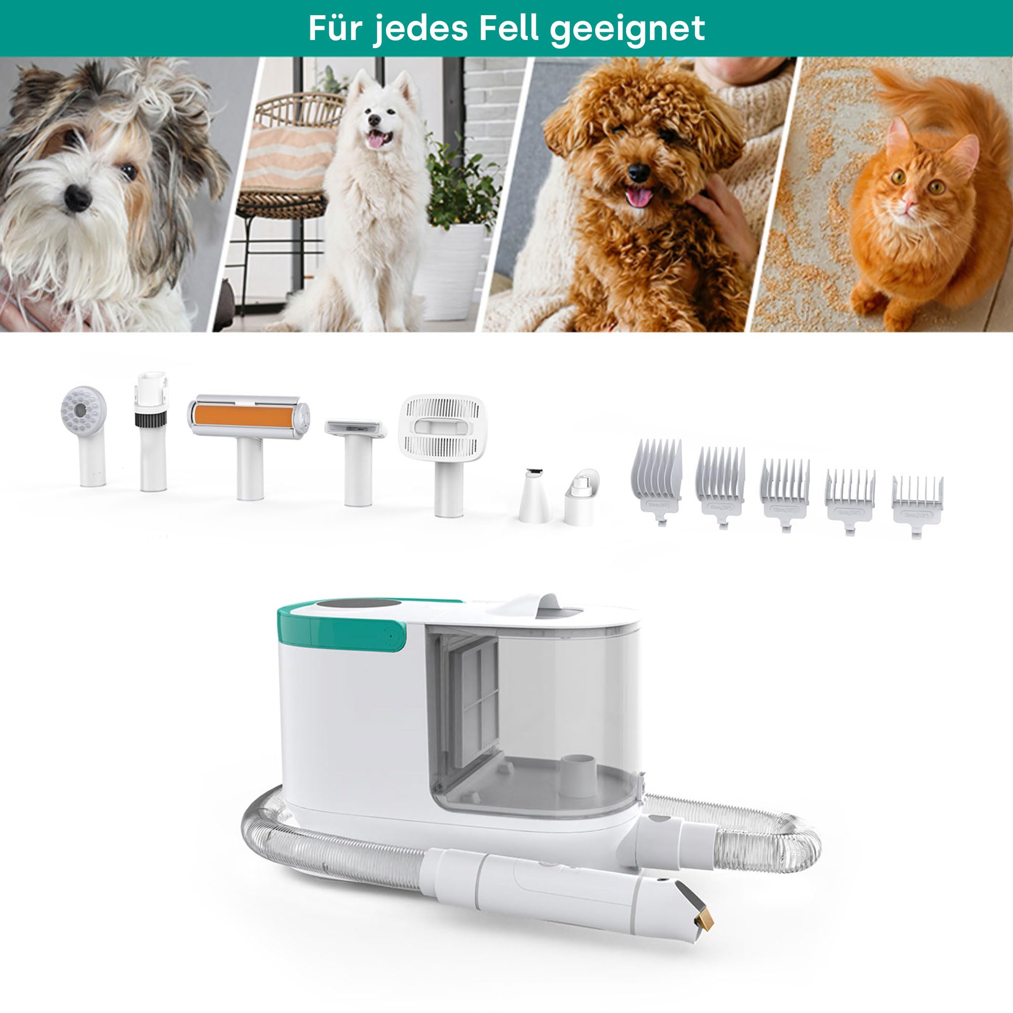 Emmi-pet Grooming Kit Pro – 8 en 1 – Esquiladora para perros con aspiradora, esquiladora, peine y 8 cepillos profesionales – 3 niveles de succión para perros y gatos – Cuidado de las uñas y depósito