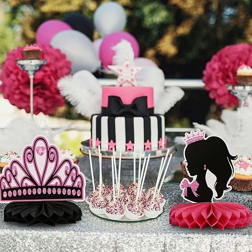 Miniatura 3 de SUNKIM Decoraciones de fiesta rosa para niñas, centro de mesa de panal de abeja rosa princesa, decoraciones de fiesta de cumpleaños rosa intenso,