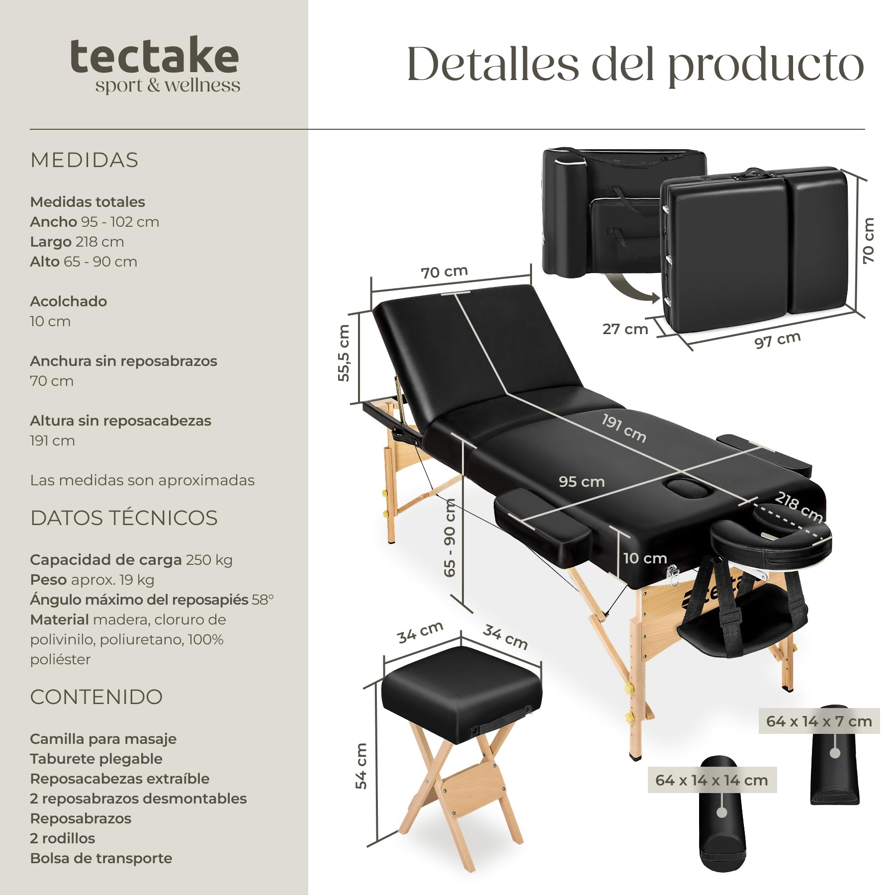 tectake® Camilla Masaje Plegable de Madera, Camilla Profesional para Fisioterapia, Quiromasaje, Tatoos, Reiki, con Taburete, Cojines y Bolsa Transporte - Negro