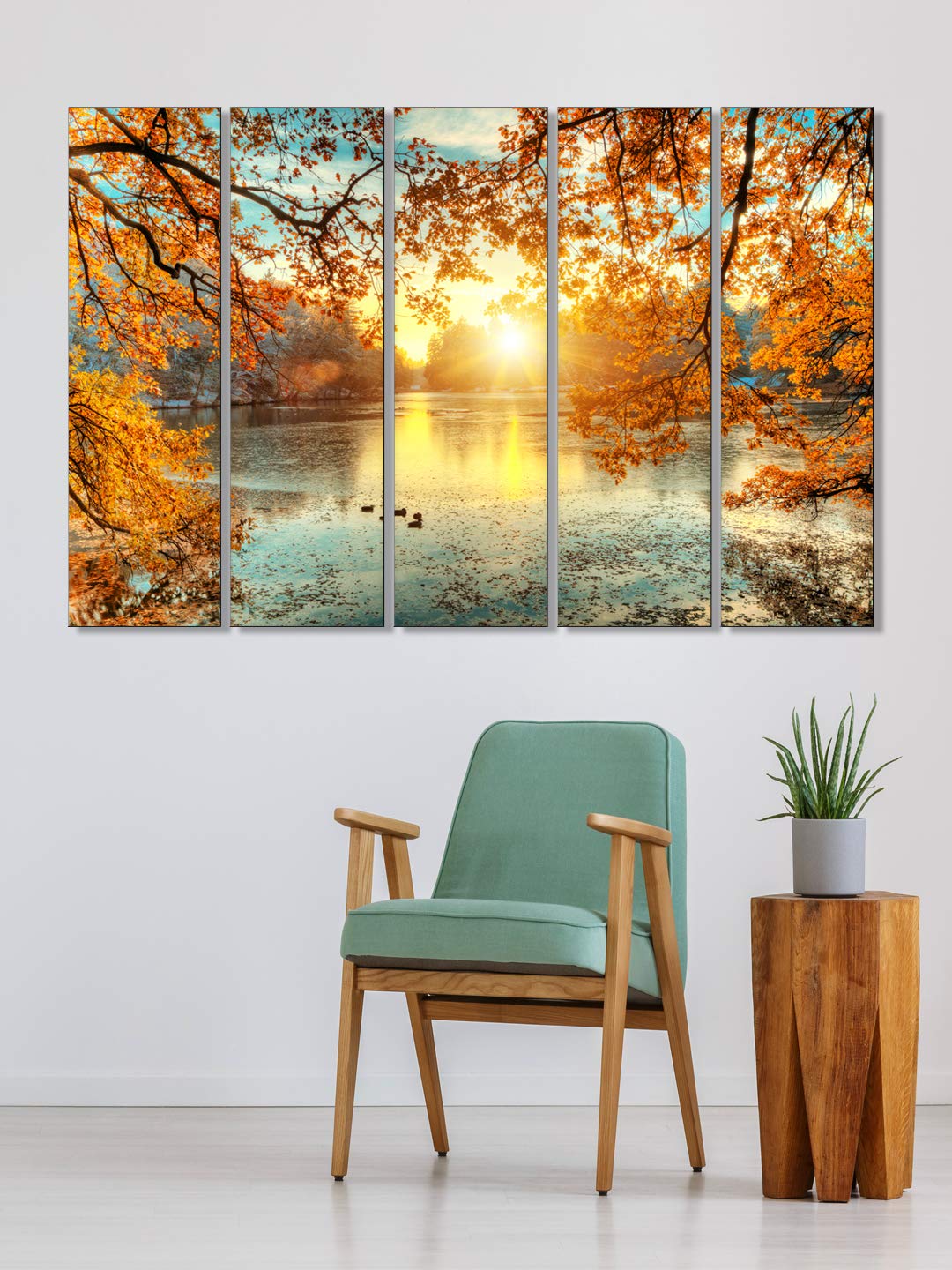 999STORE Leaves Tree and Lake painting for living room bedroom home and office wall decor Wall Hanging Landscape Art Panels landscape paintings for living room (Yellow, 130 X 76 cm, Small) - Set of 5