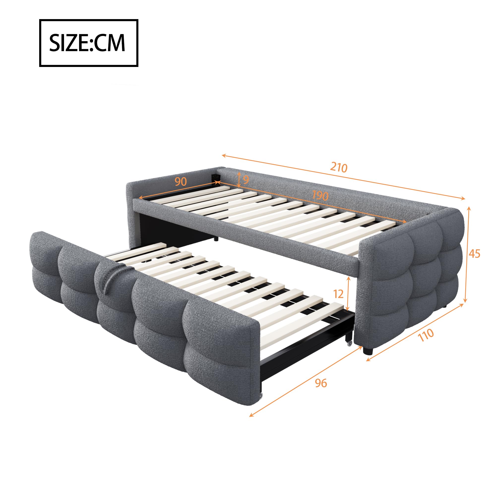 Lubvtti Divano letto pieghevole 90×180-190 cm, tessuto in velluto, con rete a doghe, letto imbottito multifunzionale, grigio (materasso non incluso)