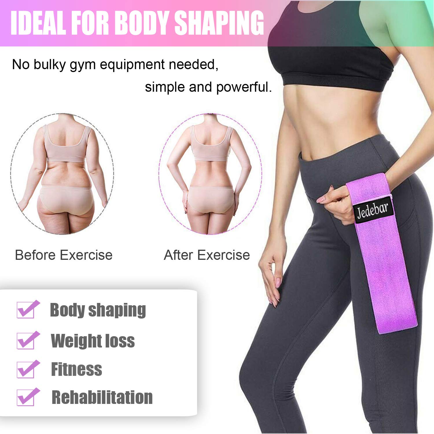 Jedebar Fasce di resistenza in tessuto antiscivolo, 3 livelli di forza opzionali, anelli fitness per glutei, fianchi, gambe, yoga, pilates, fisioterapia e allenamento di recupero (viola-resistenza