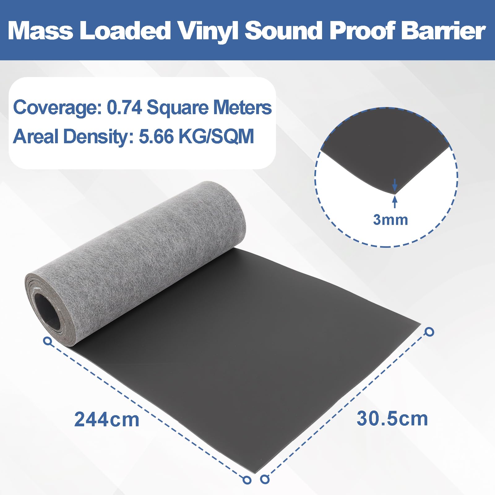 Tappetino Fonoisolante MLV in Vinile ad Alta Densità, 30,5 x 244 cm, 5,66 kg/m², Barriera Acustica Flessibile per Pareti, Porte, Soffitti, Studio e Ufficio
