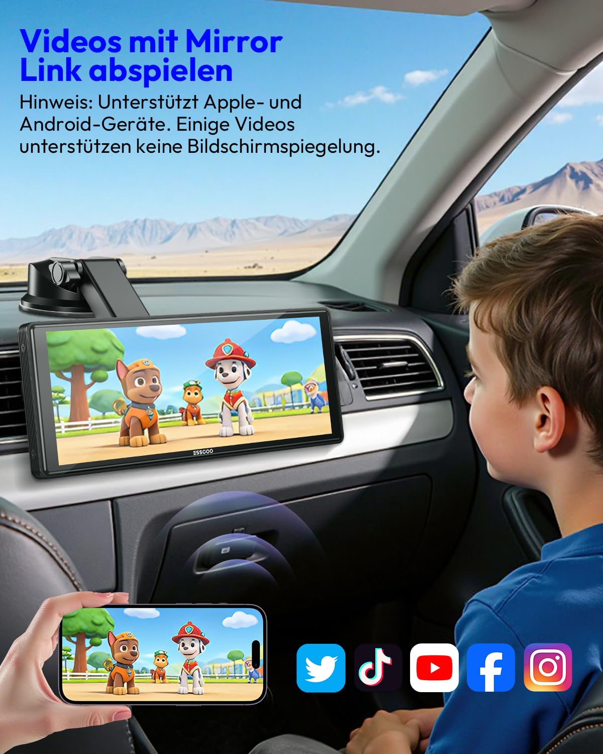 ESSGOO Carplay Android Auto Display10.26 Zoll,A-pple Carplay Bildschirm für AirPlay/Mirror Link,Car Multimedia Player mit Wireless Touchscreen,GPS Navigation,Bluetooth5.3,Sprachassistent,AUX,Autoradio