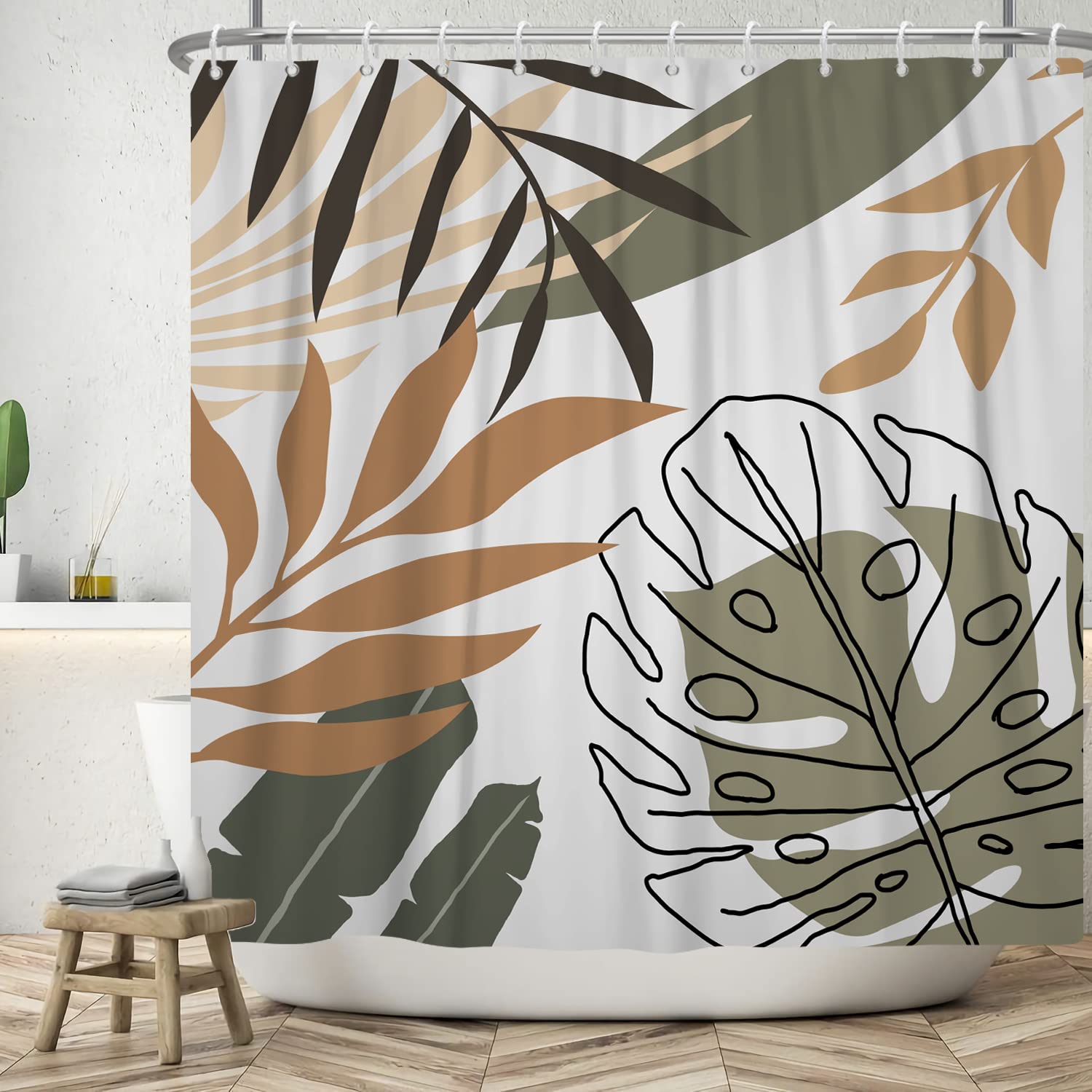 183x213cm Cortina de Baño Bohemia Impermeable Cortina de Ducha de Arte Abstracto Planta Tropical de Medio Siglo Cortinas de Ducha Lavables para Bañera con Gancho — view 10
