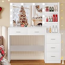 FIONESO 110 cm Make-up Vanity with Adjustable Brightness Lights, Large Mirror, Makeup Desk with 5 Drawers and 2 Open Shelves, Modern, White