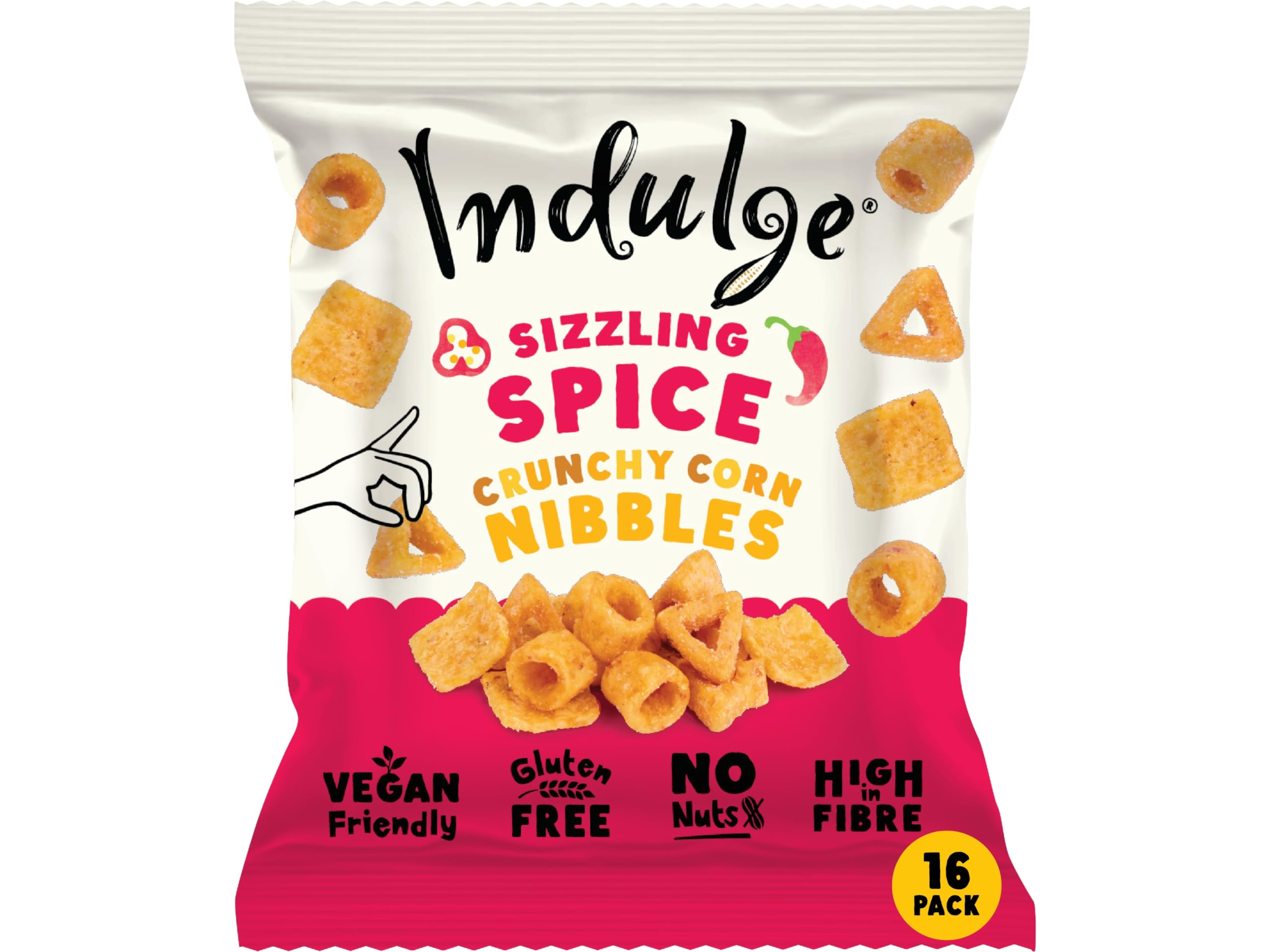 Indulge - Crunchy Corn Nibbles - Sizzling Spice Flavour - Gluten Free, Low Salt, Low Fat, Nut Free, Vegan - 20g x 16 bags (20g (Pack of 16), Sizzling Spice)