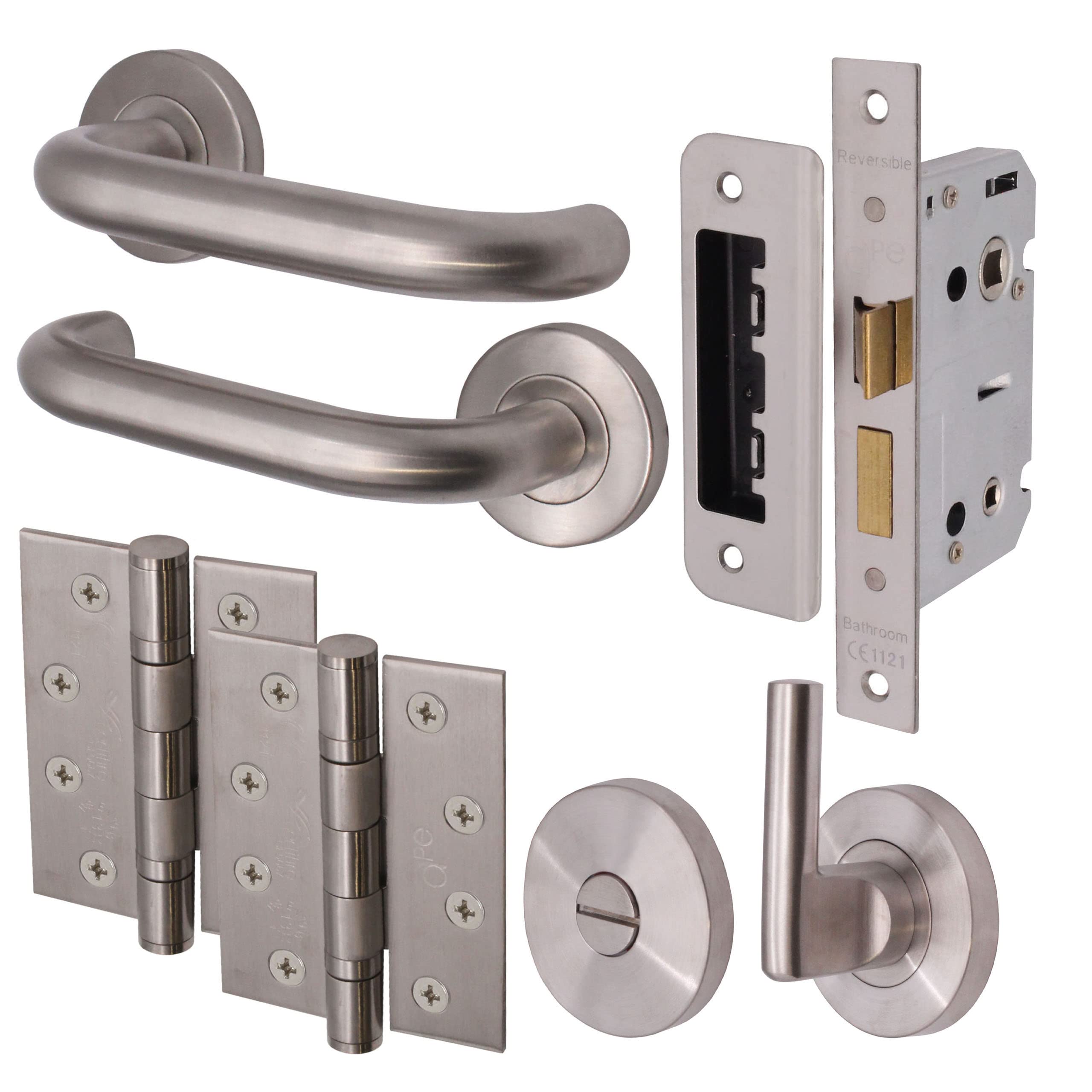 Eai Satin Stainless Return To Door Lever On Rose Handle Bathroom Lock Kit – 4 Inch Hinges - Steel