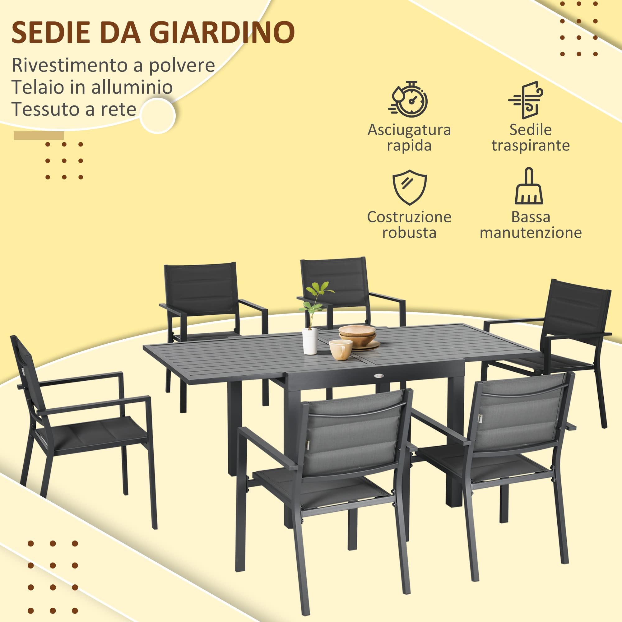 Outsunny Set da Giardino in Alluminio 7 Pezzi Tavolo Rettangolare Allungabile 6 Sedie Grigio