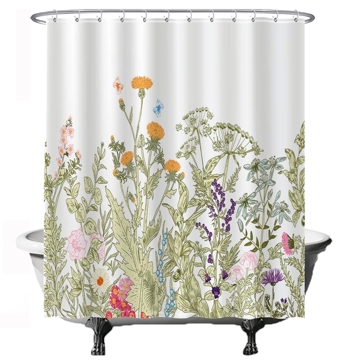 Ulticool Natural Flowers Retro Shower Curtain - Vintage - 180X200cm - Washable - Anti-Mildew - Waterproof - With 12 Rings - Green, White