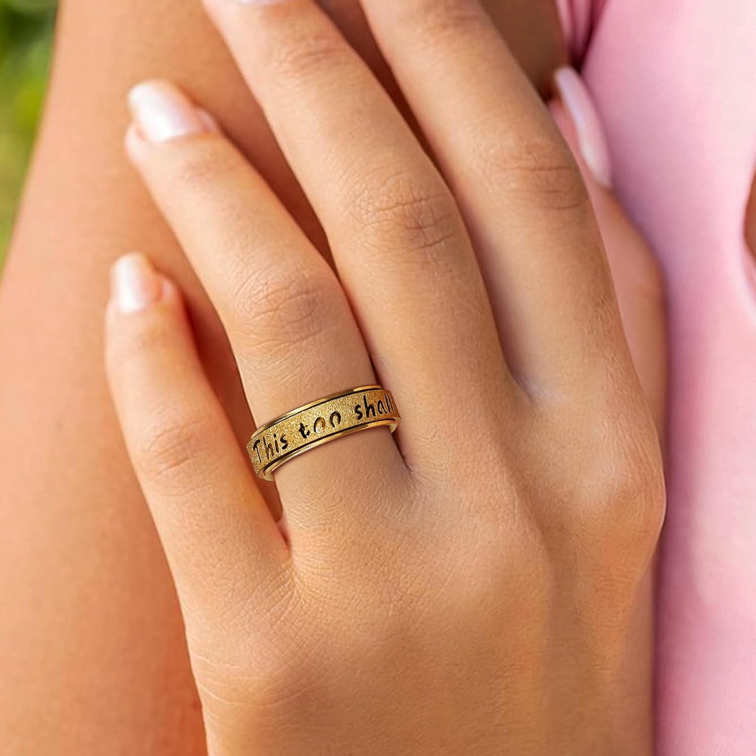 Fidget Spinner Ring for Women - THIS TOO SHALL PASS Stainless Steel 18K Gold Plated Anxiety Rotating Inspirational Ring for Stress Relief, Thumb Hope Rings Jewelry Gift for Women Men - Image 3