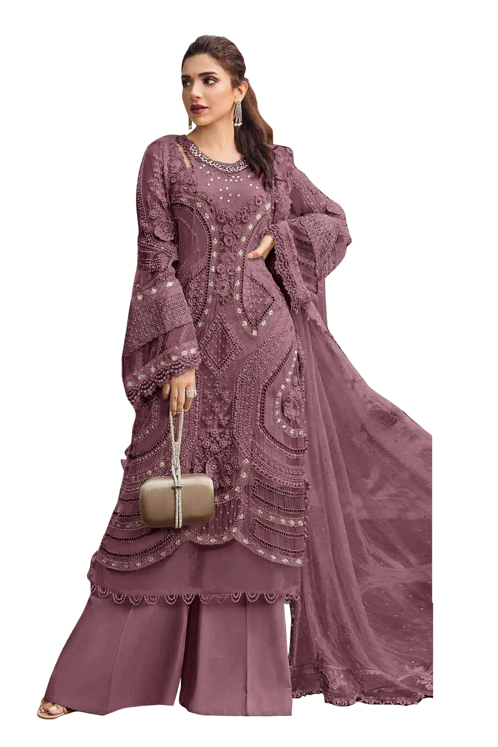 nitufab WOMEN'S Georgette Unstitched Pakistani Wedding Suit – Luxury 3-Piece Gown with Heavy Embroidery and Dupatta (SF271367 Light Blue free-size)-picture-22