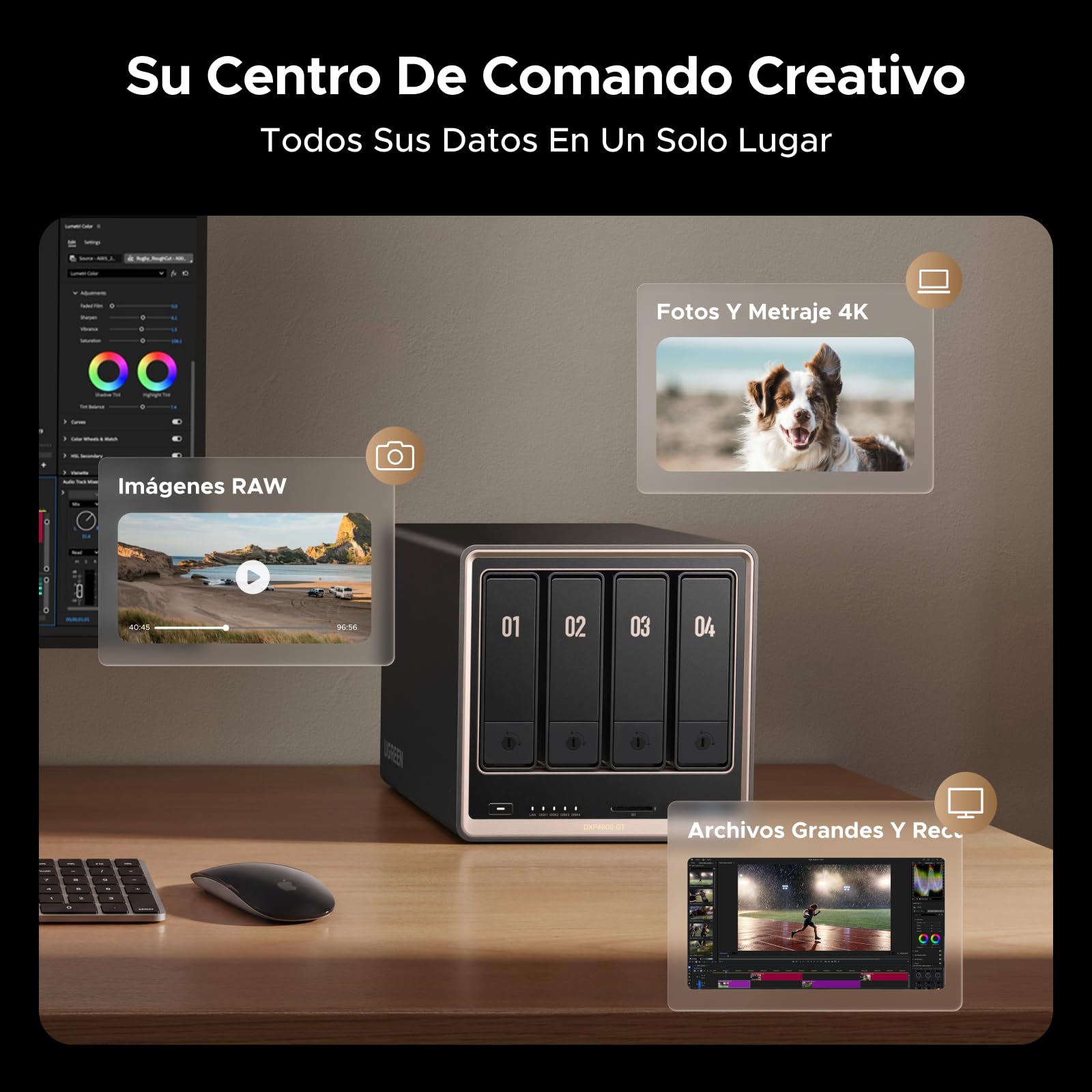 UGREEN NASync DXP4800 GT NAS 4 bahías, Dual LAN 10GbE, CPU AMD Ryzen Embedded R2514, 8GB RAM, Support ECC, Ranura SD, Doble M.2 NVMe, HDMI 4K, Centro vigilancia (Sin Discos)