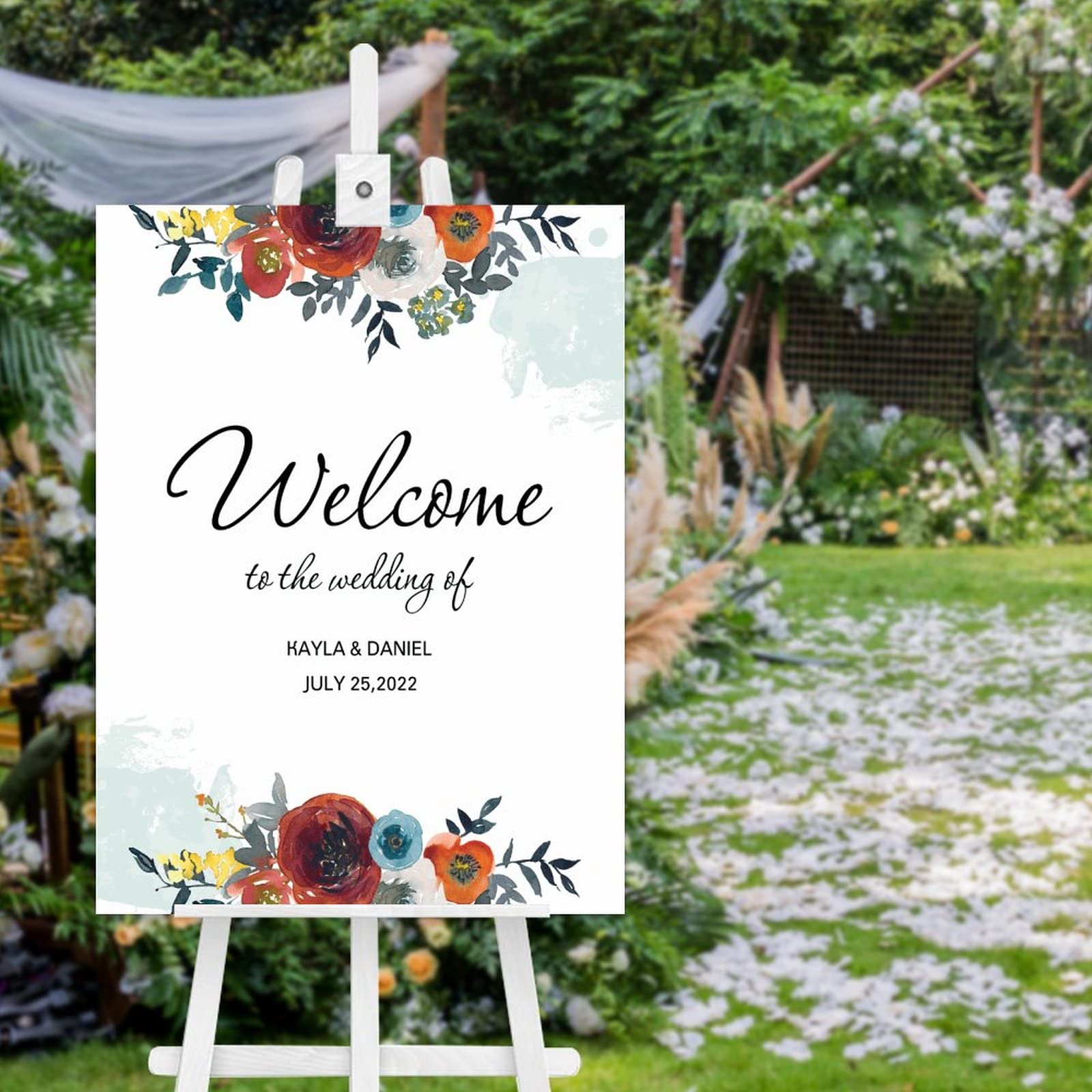 Panneau de mariage en bois Welcome to Our Wedding avec fleurs décoratives