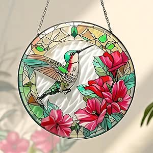 Handmade Stained Glass Hummingbird Suncatcher, 8 inch Real Glass Window Hanging Hummingbird Gifts for Bird Lovers Sun Catcher Indoor Decor Birds Painted Catcher