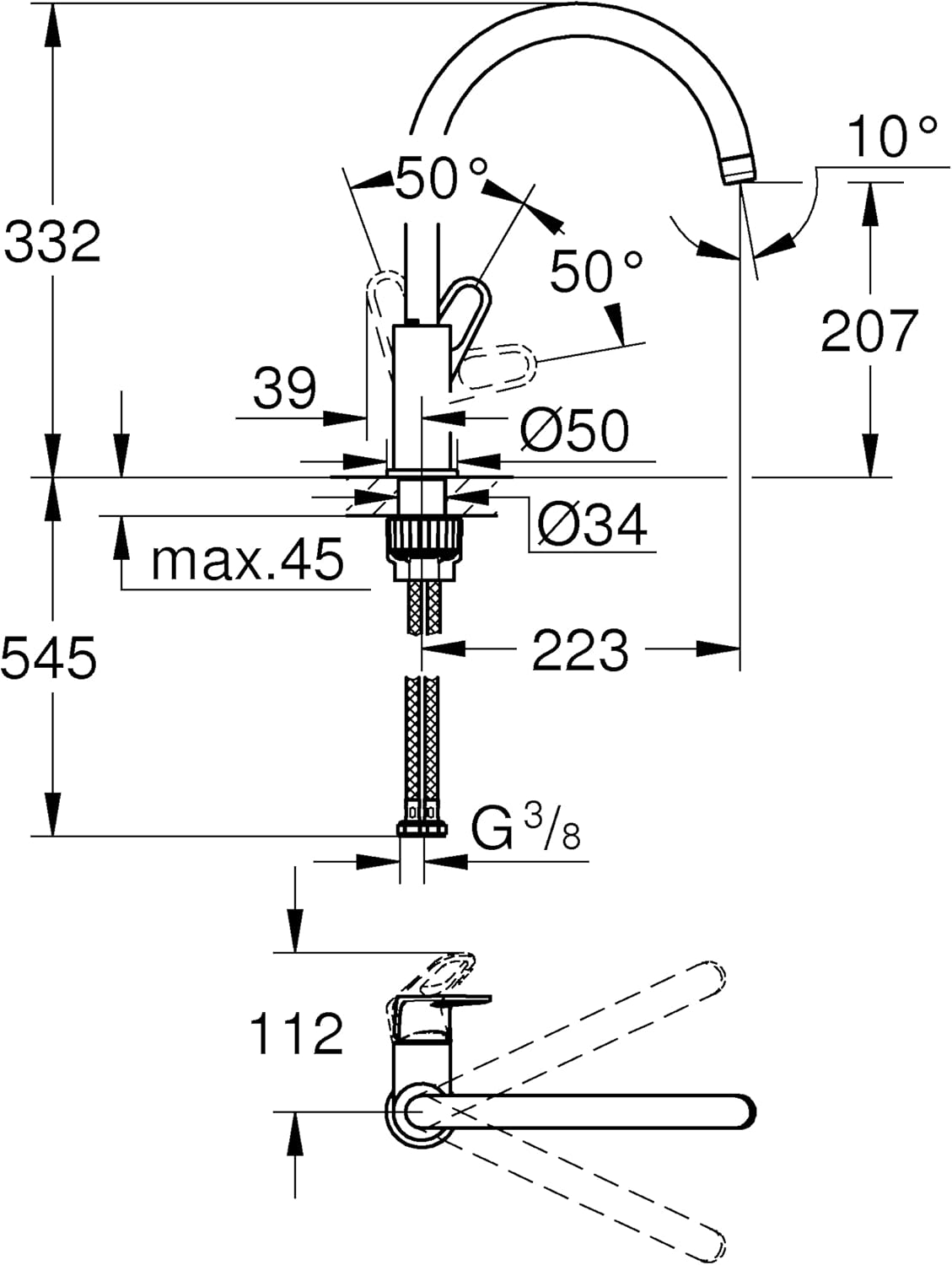 Technical drawing with dimensions for GROHE BauFlow faucet installation