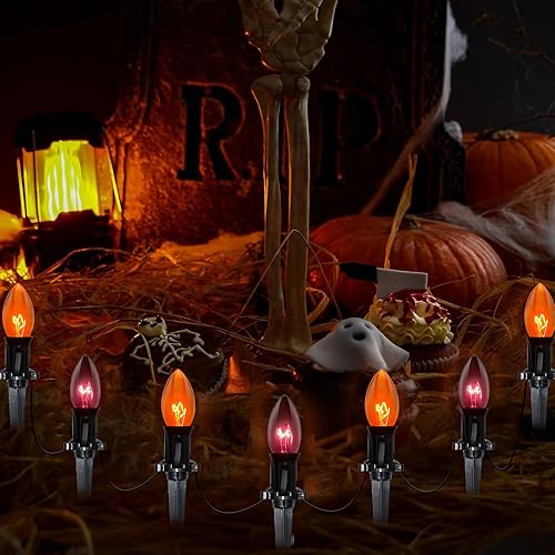 Luces de camino de Halloween para exteriores, luces de estaca C9 de 19.5 pies con 10 bombillas C9 transparentes naranja y negro, tira de luces