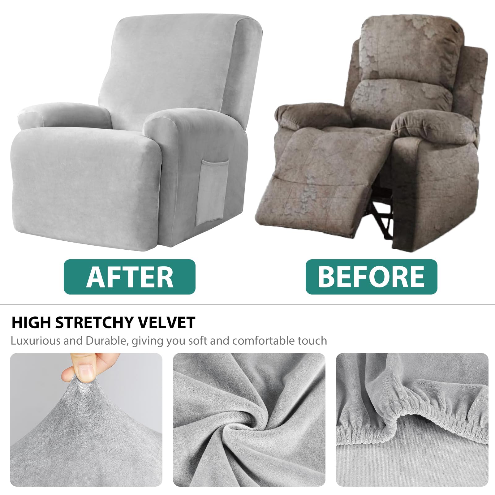 Leorate Velvet Recliner Chair Cover with Side Pocket - Image 3