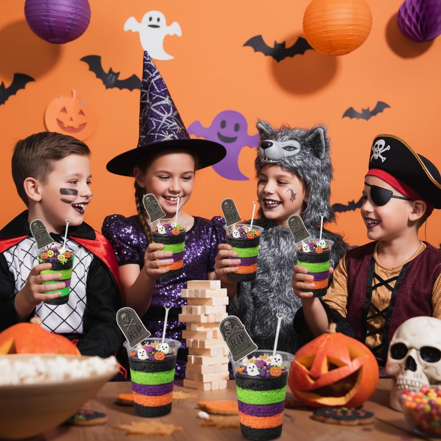 Honeydak 48 Set DIY Halloween Dirt Cups for Party Halloween Graveyard Tombstone Cake Toppers Decorations with Shovel Spoons Plastic Dessert Cups for Horror Ghost Party (14 oz)