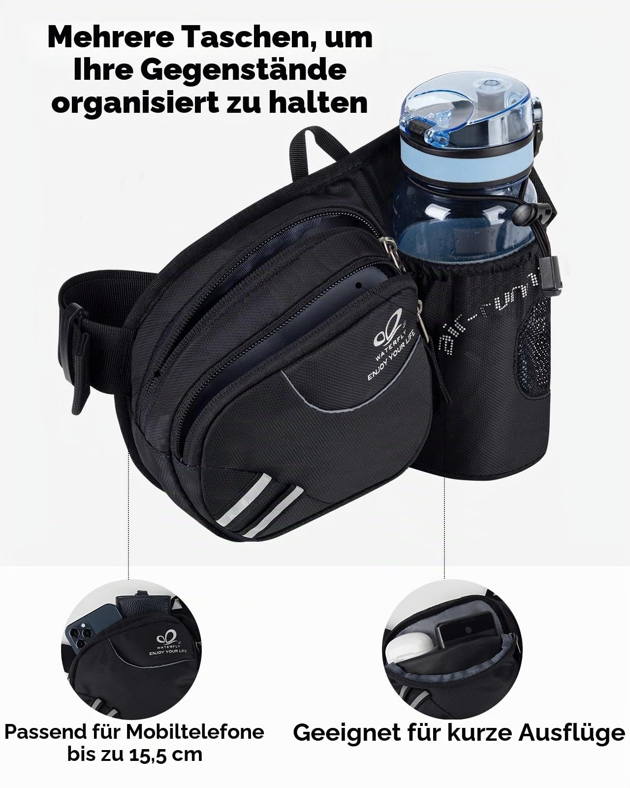 WATERFLY Gürteltasche Bauchtasche mit Flaschenhalter Damen und Herren, Atmungsaktiv Sport Hüfttasche für Laufen Radfahren Camping Klettern Reisen Wandern Joggen Hundetraining