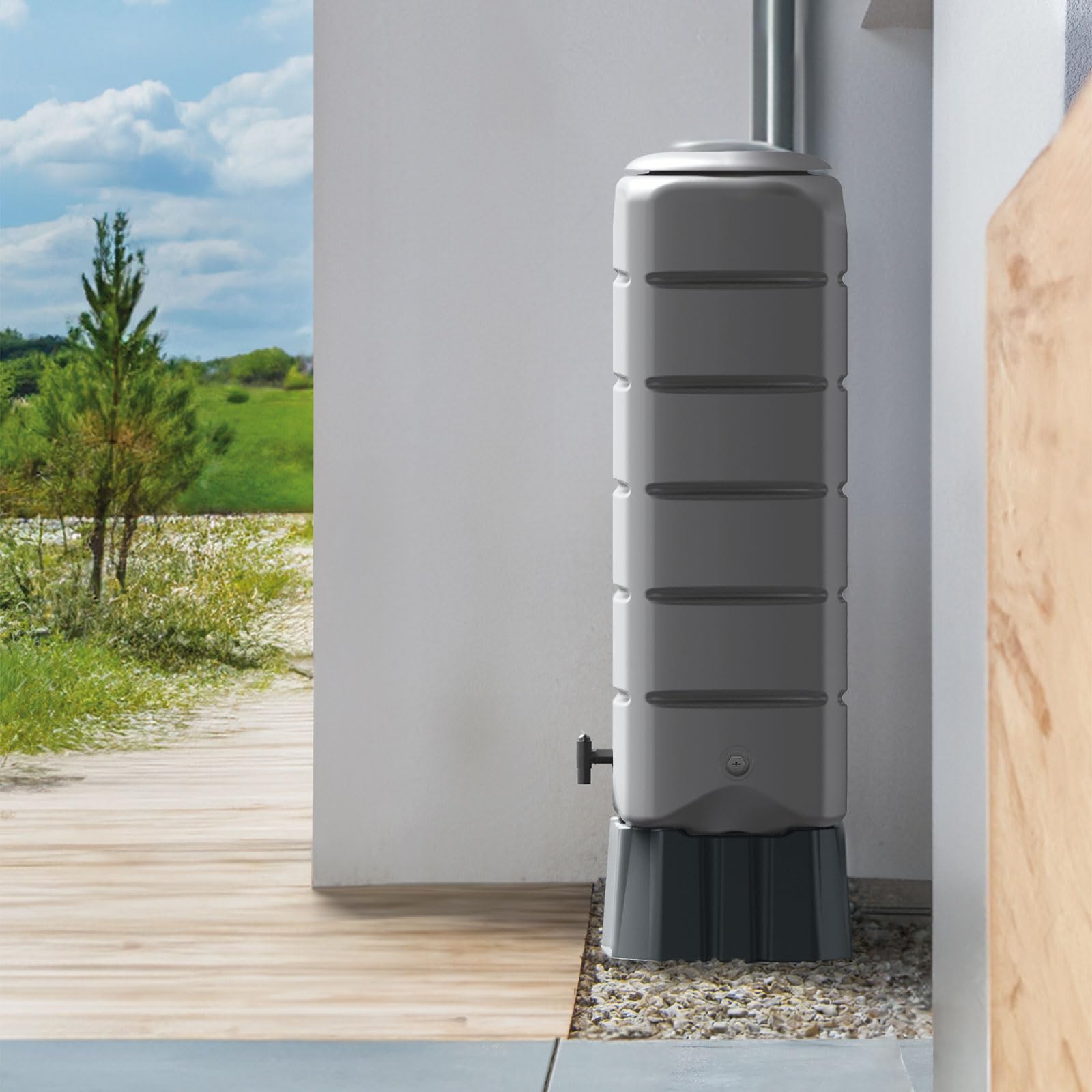 Regentonne Regenwassertank Standard eckig Komplett-Set mit 120 Liter Volumen in der Farbe grau ist aus UV- und witterungsbeständigem Material mit kindersicherem Deckel
