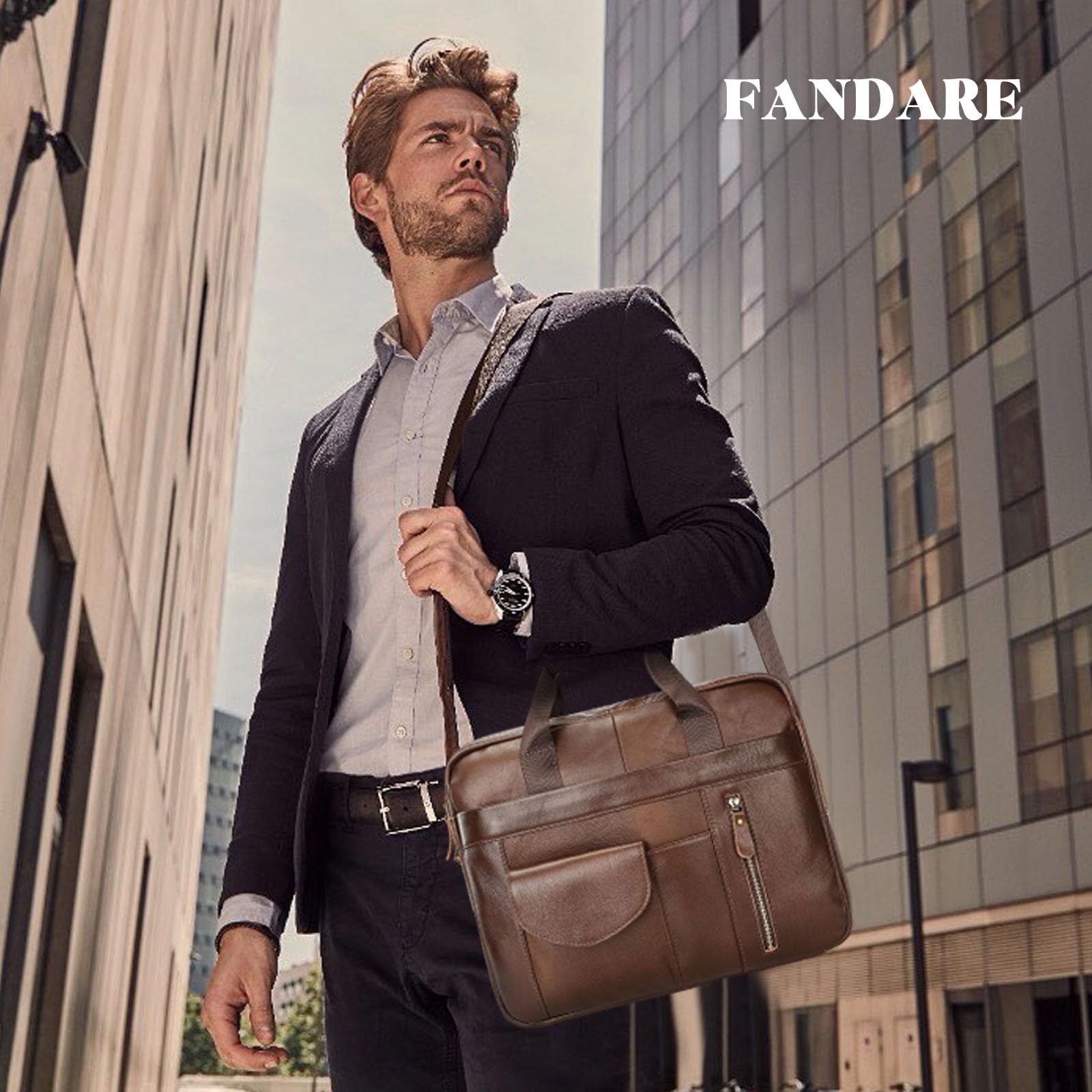 FANDARE Herren Aktentasche Umhängetasche Leder Mann 15.6 Zoll Laptoptasche Damen Henkeltasche Arbeitstasche Business Handtasche Tragetasche Schultertasche Leder Messenger Crossbody Briefcase Braun