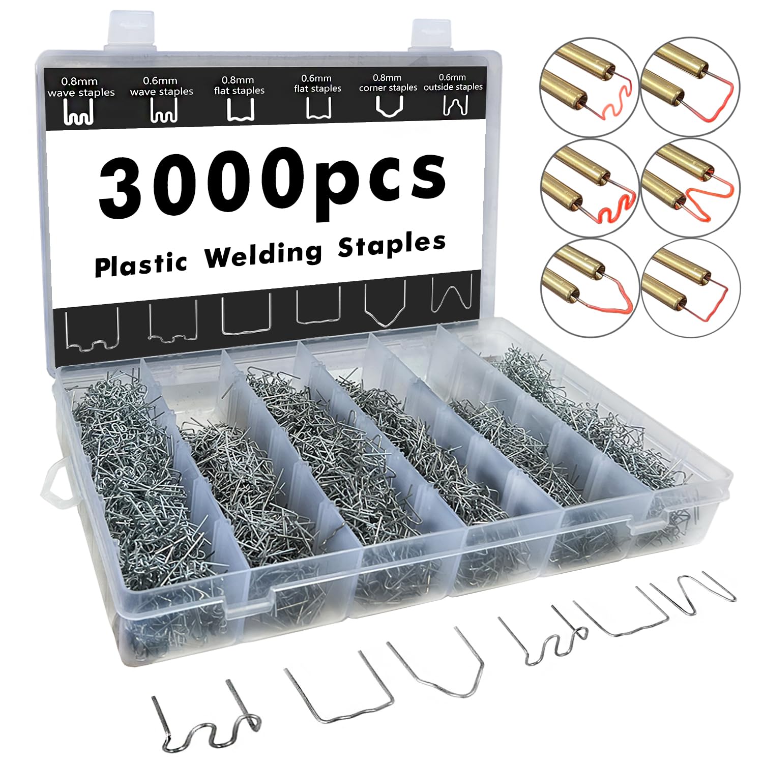 DLronwey 3000pcs Plastic Welding Staples, 6 Types Hot Staples for Decoration, Auto Repair, Architectural Modelling, Toy Manufacturing, Etc.