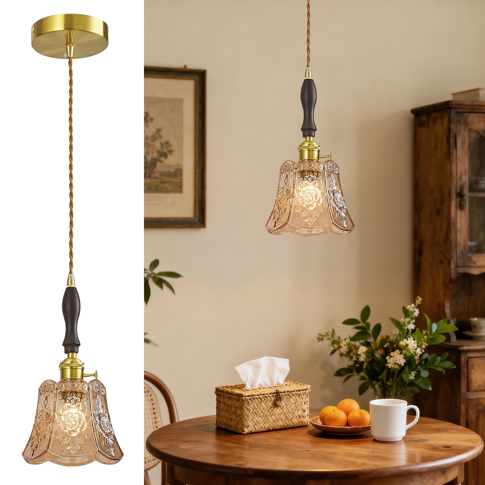 Photo 1 of BBLLWJ Vintage Amber Flower Glass Pendant Lights, 3 Pack