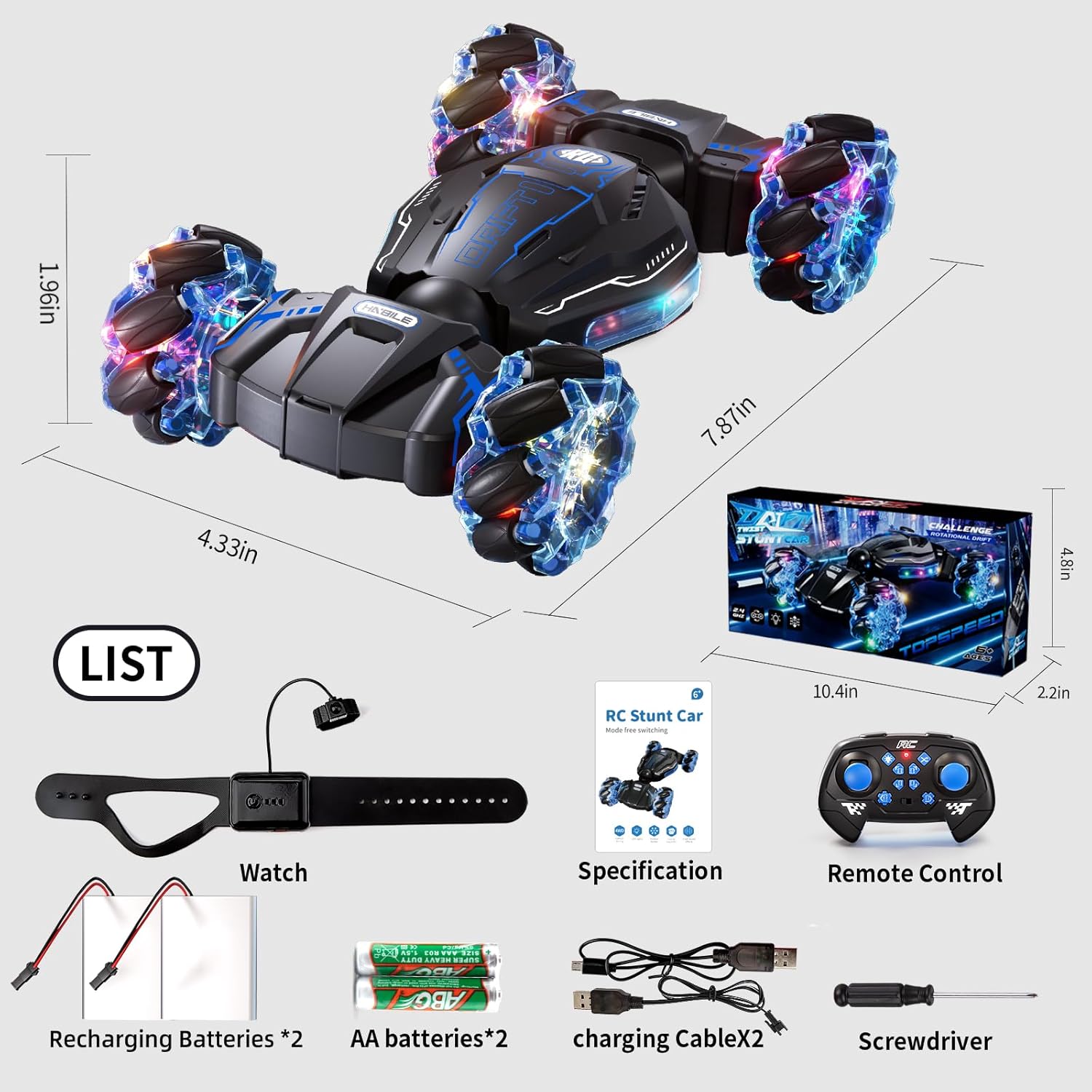 4WD Remote Control Car for Boys,2.4GHz Gesture Sensing Drift RC Cars,360°Flips Off-Road Hand Controlled RC Stunt Car with Lights Music,Toy Car Birthday Gifts for Boys Kids Age 6+ (Blue