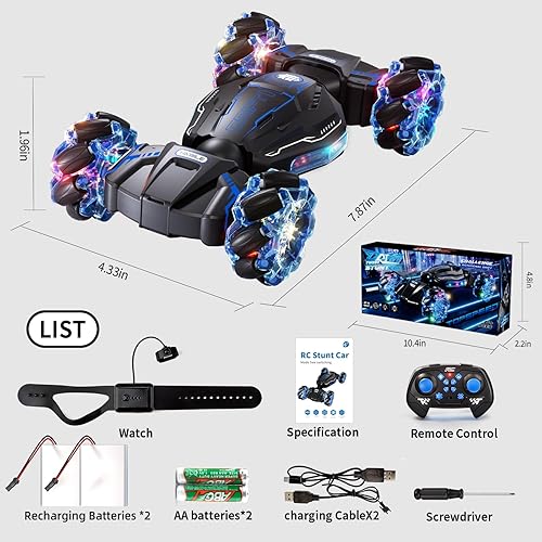 Miniatura 7 de Auto a control remoto, 2.4GHz 4WD Gesture Sensing RC Stunt Car, Drift controlado a mano con luz y música, regalos de cumpleaños geniales para niños