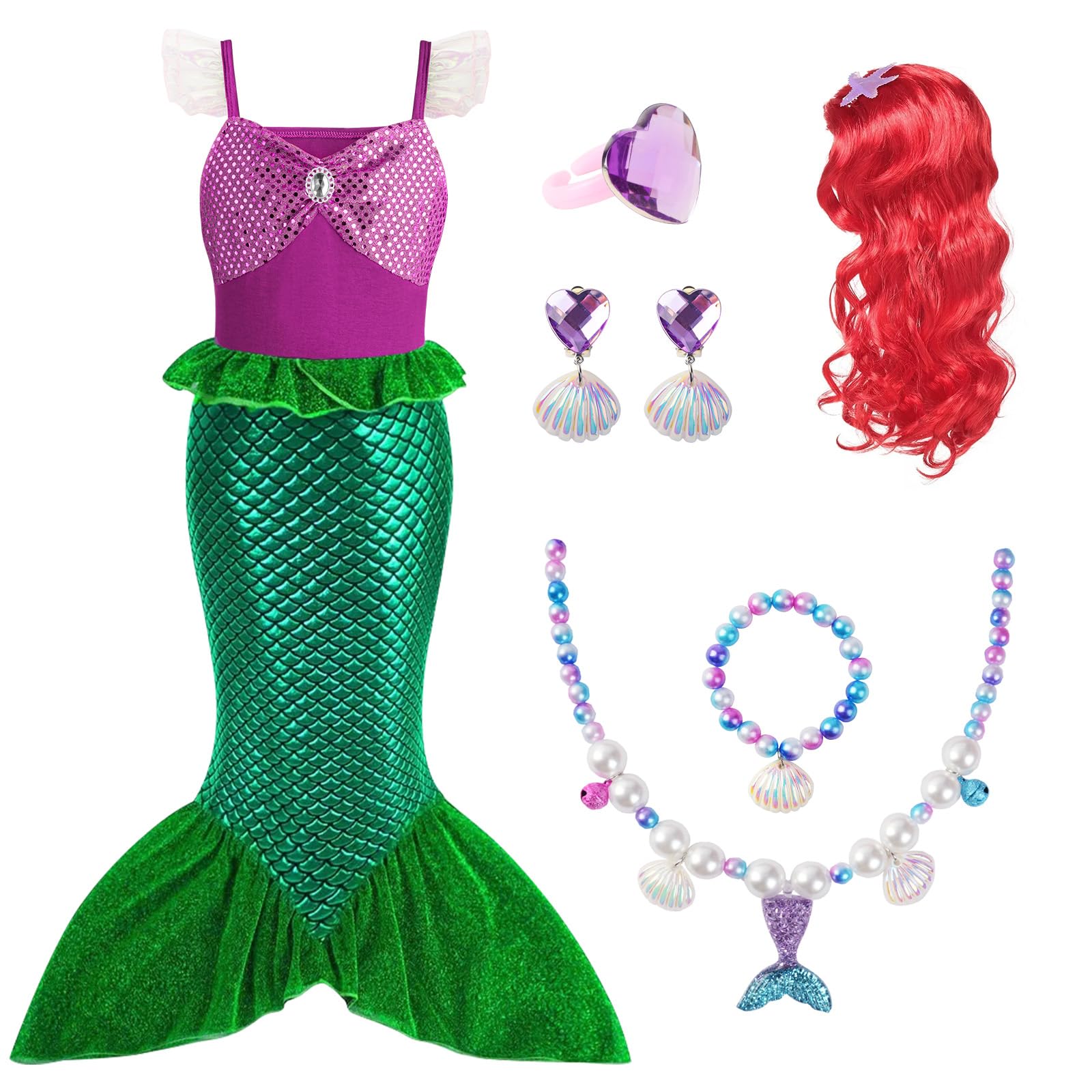 AOOWU Mermaid Costume Kids, Mermaid Princess Dress Set with Accessories, Little Mermaid Princess Costumes Fancy Dress Up for Age 3-9, Ariel Glitter Girls Costume for Halloween Cosplay
