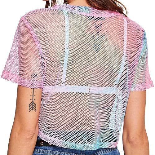 Kyerivs Women's Pink Mesh Tops Short Sleeve Sexy Crop Tops See Through Sheer Blouses #TOP2