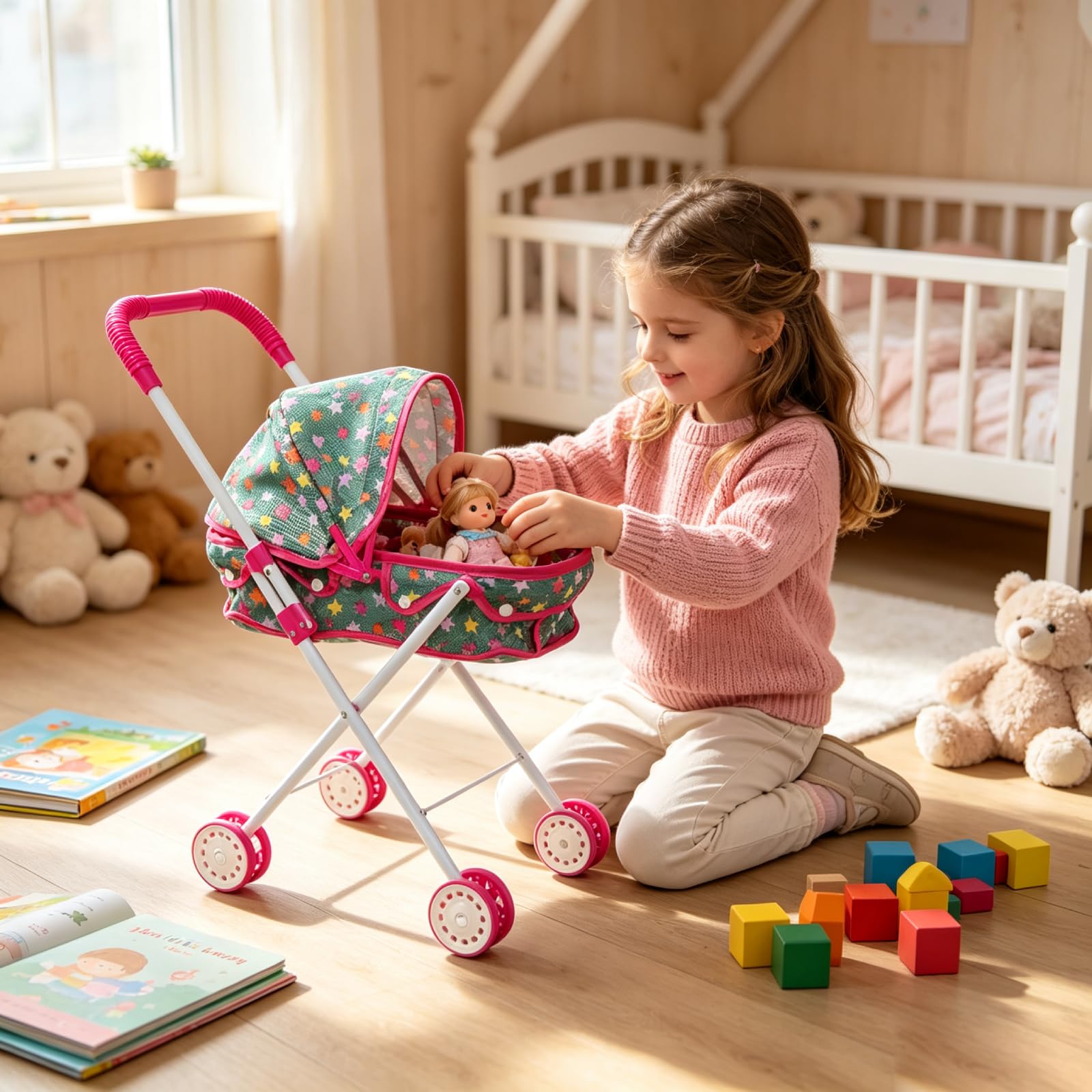Harilla Passeggino per Bambini, Carrozzina Giocattolo Pieghevole, Accessorio Bambole Canopy Regolabile con Impugnatura Comoda, Adatto a Casa e Attività di Gruppo, Carrello Stella