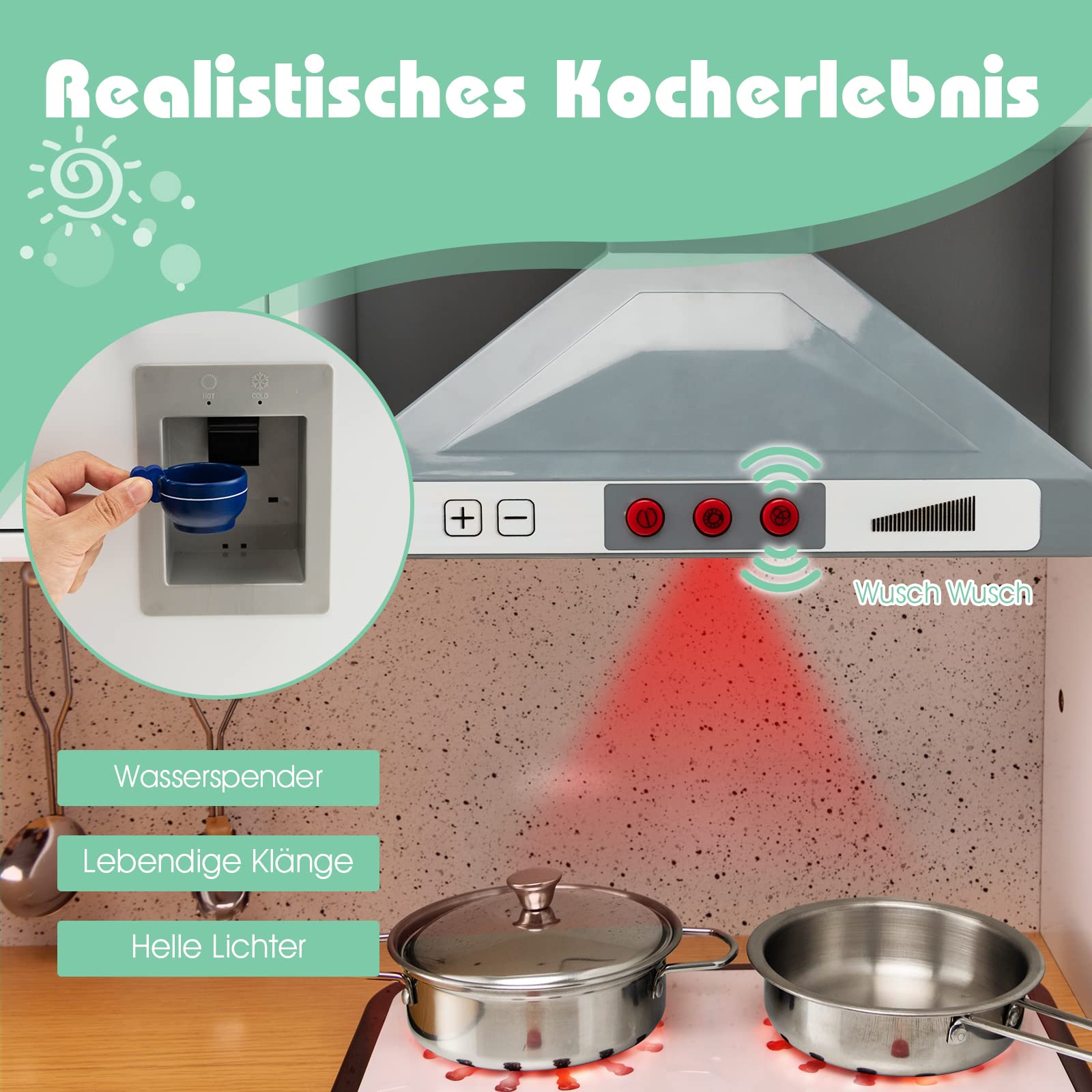 COSTWAY Kinderküche mit Hocker & Spielzubehör, Eck Spielküche mit Licht und Sound, Holzküche Spielzeugküche für Kinder ab 3 Jahren
