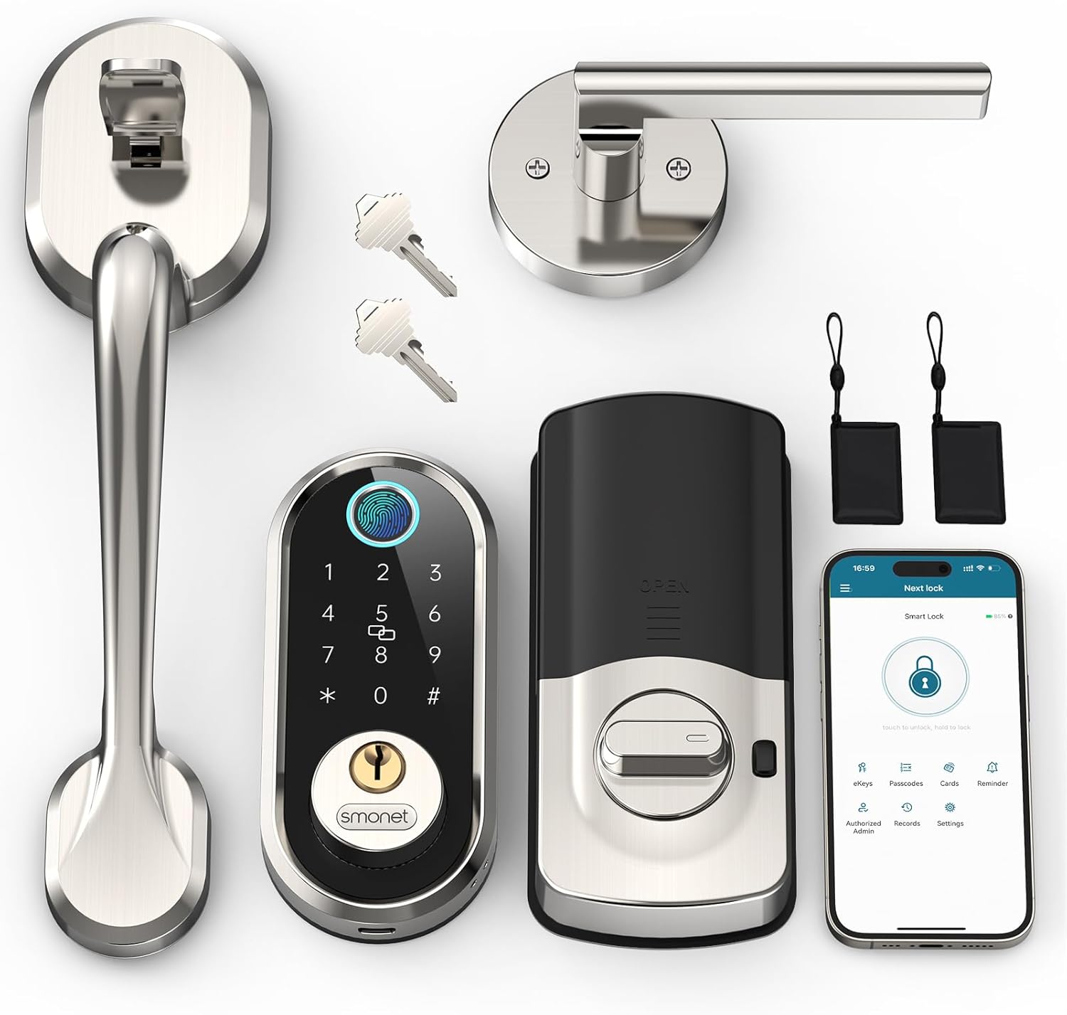 SMONET Front Door Lock Set Satin Nickel, Keyless Entry Door Lock with Handle and Deadbolt, Smart Fingerprint Door Lock with App Control, Electronic Keypad Exterior Door Lock for Home Airbnb