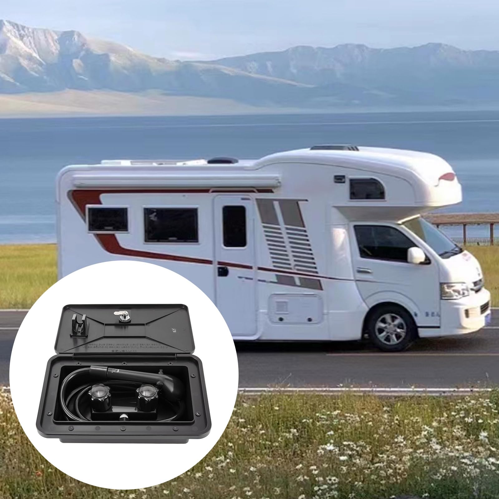 RV - Caja de ducha exterior con interruptor de frío/calor, cabezal de ducha, manguera, caja de ducha para barcos, caravanas, caravanas, autocaravanas