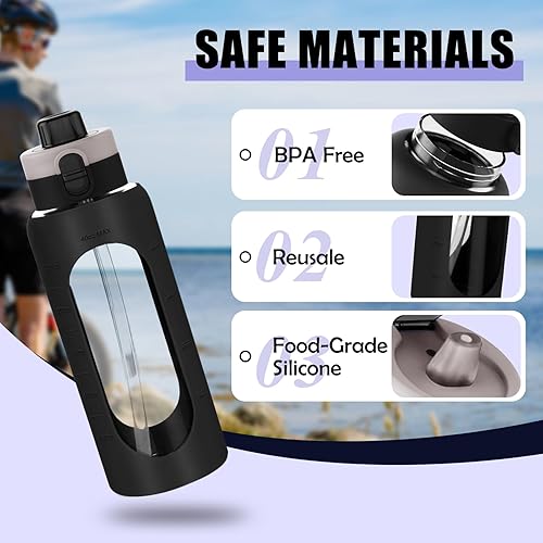 Miniatura 5 de ANOTION Botella de agua de vidrio de 40 onzas, botella de agua deportiva grande con tapa de doble bebida, botellas de vidrio transparente a prueba