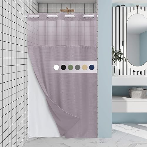 Miniatura 21 de Cortina de ducha larga sin gancho con forro a presión, 230 GSM, tejido de punto gofre, 71 pulgadas de ancho x 74 pulgadas de alto, negro Negro,Rosa