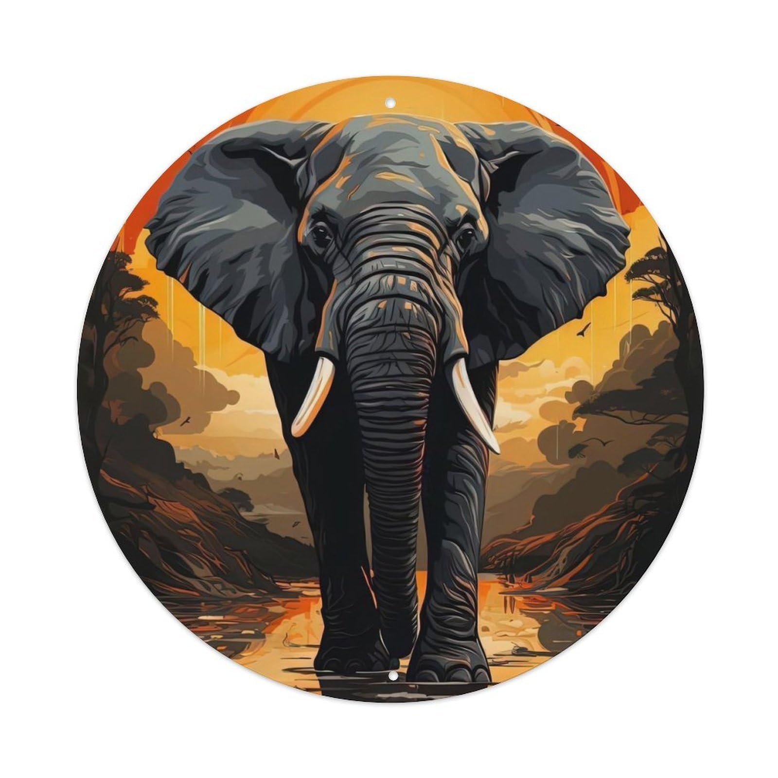 African Elephant Sunset Serengeti Wildlife Illustration Vintage Style Vintage Metal Tin Sign Plaque Wall Decor for Cafe, Club Bar, Office, Garden Metal Poster 8x8Inch